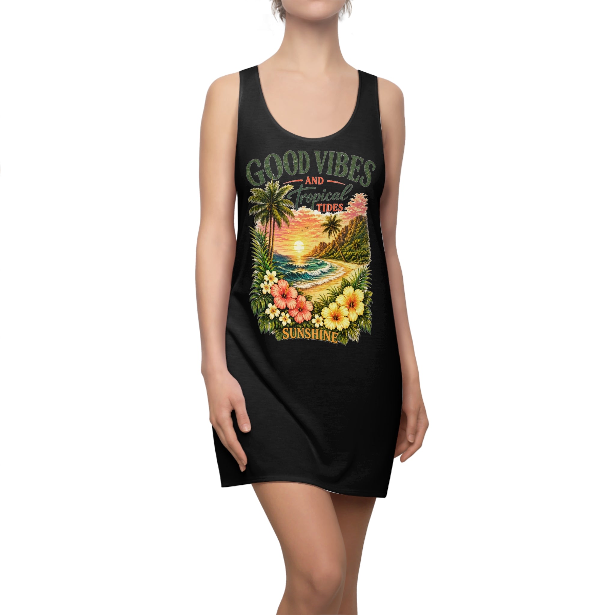 Good Vibes Tropical Racerback Dress – Beach Sunset Floral Sundress