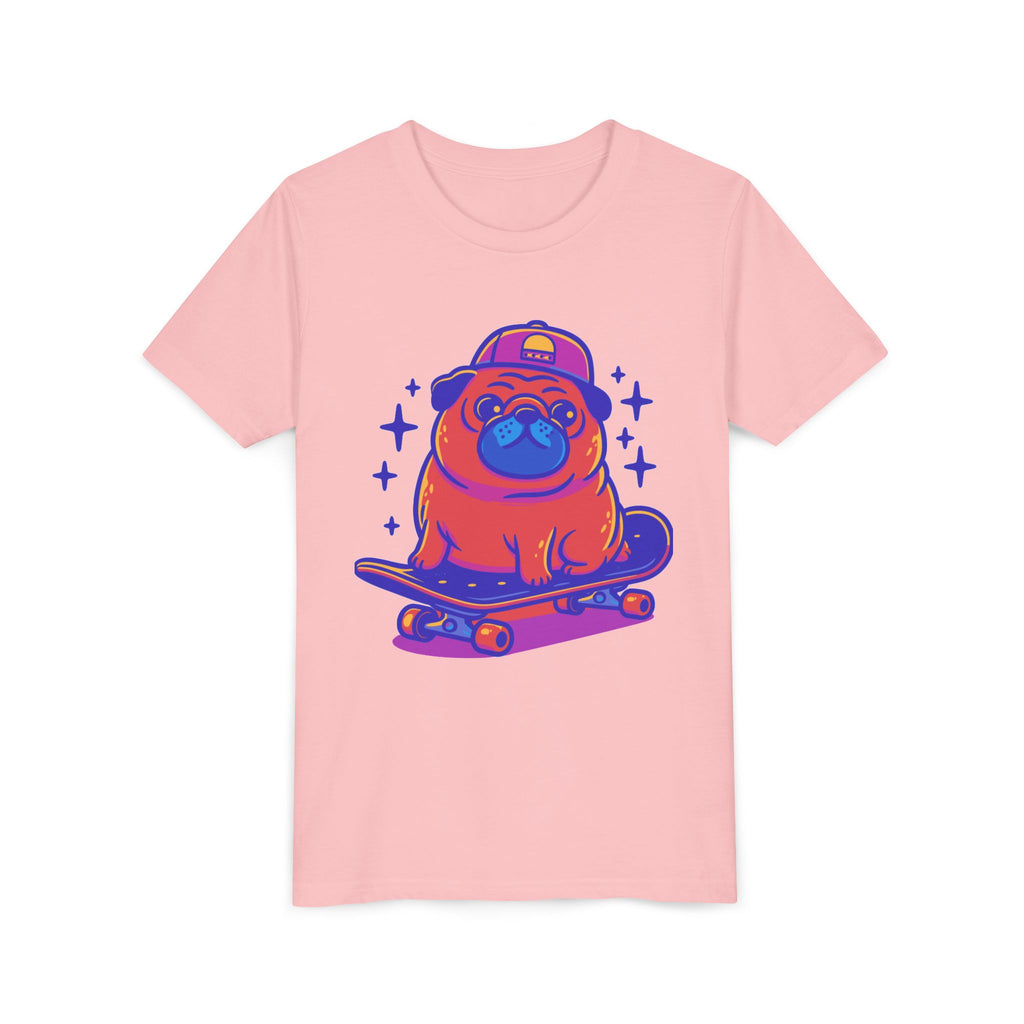 Cute Skateboarding Pug Kids T-Shirt | Funny Dog Graphic Tee for Boys & Girls | Youth Streetwear Shirt