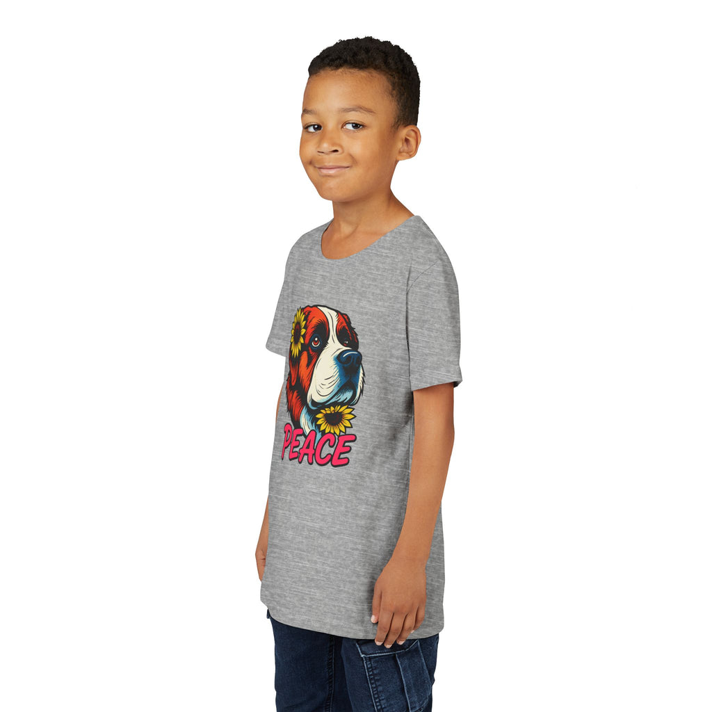 Youth Tee — Saint Bernard Dog with Sunflowers "Peace" Graphic