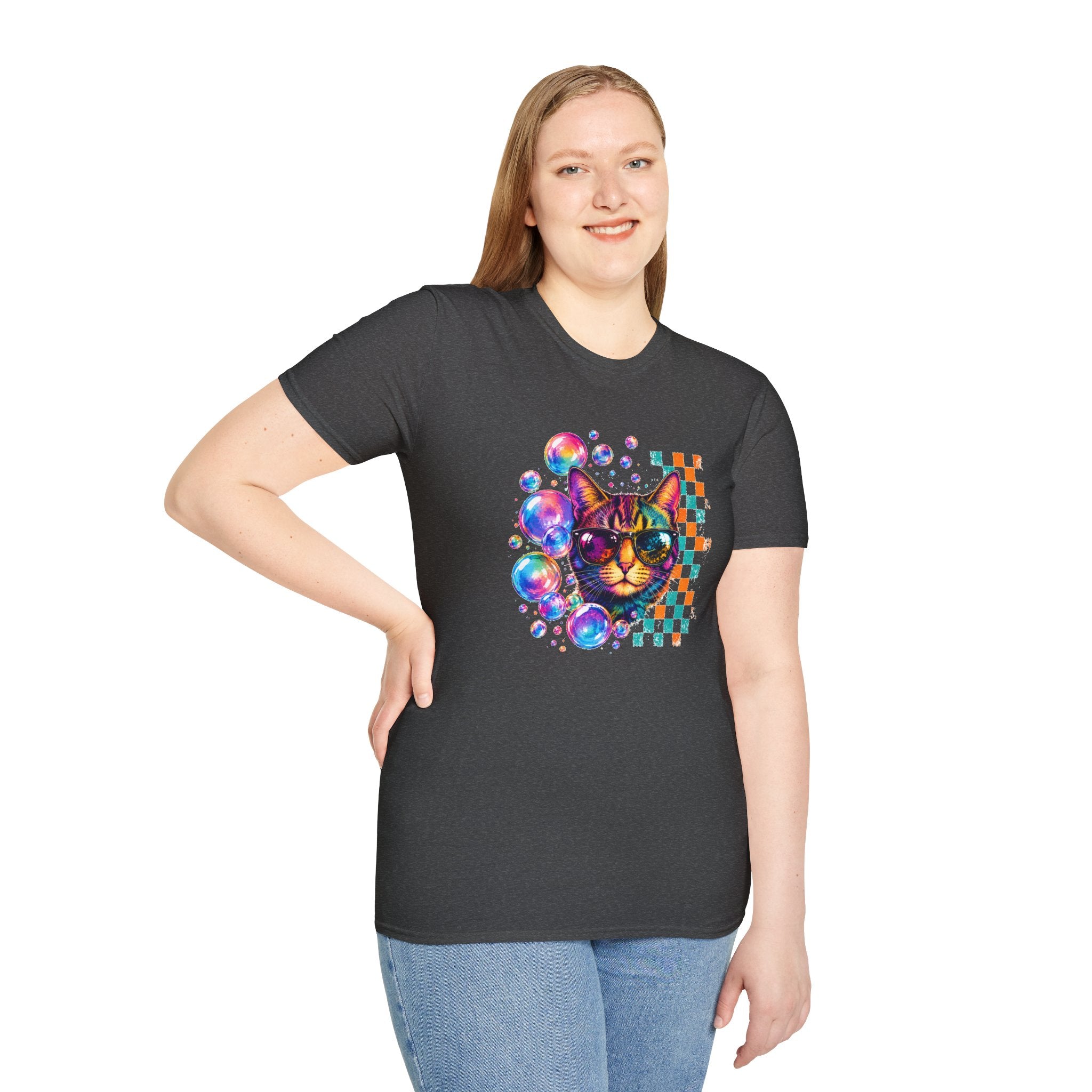 Colorful Cat Sunglasses T-Shirt, Retro Pop Art Cat Tee, Fun Graphic Shirt