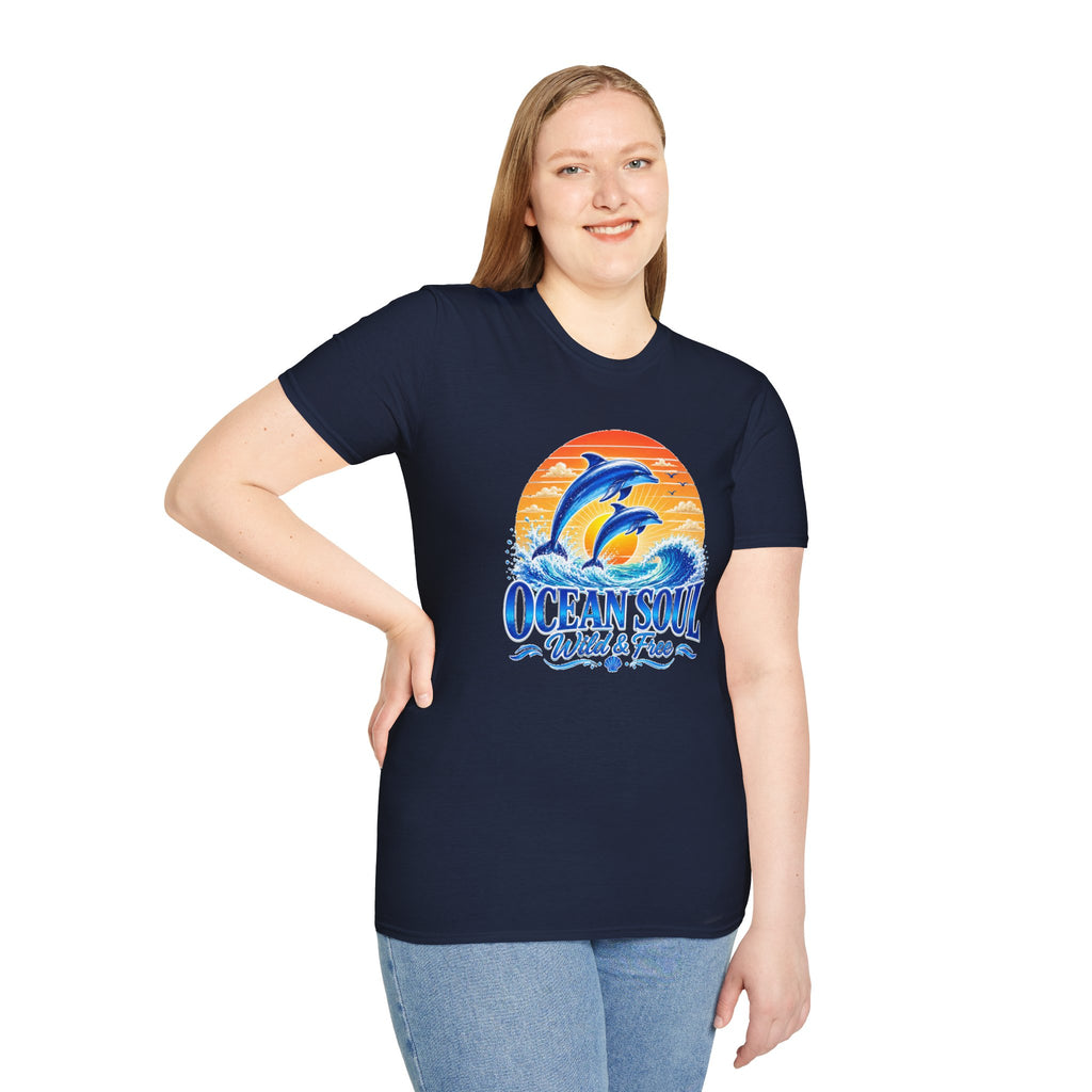 Ocean Soul Dolphin T-Shirt | Wild & Free Beach Tee | Coastal Summer Shirt | Ocean Lover Gift | Dolphin Graphic Unisex Tee