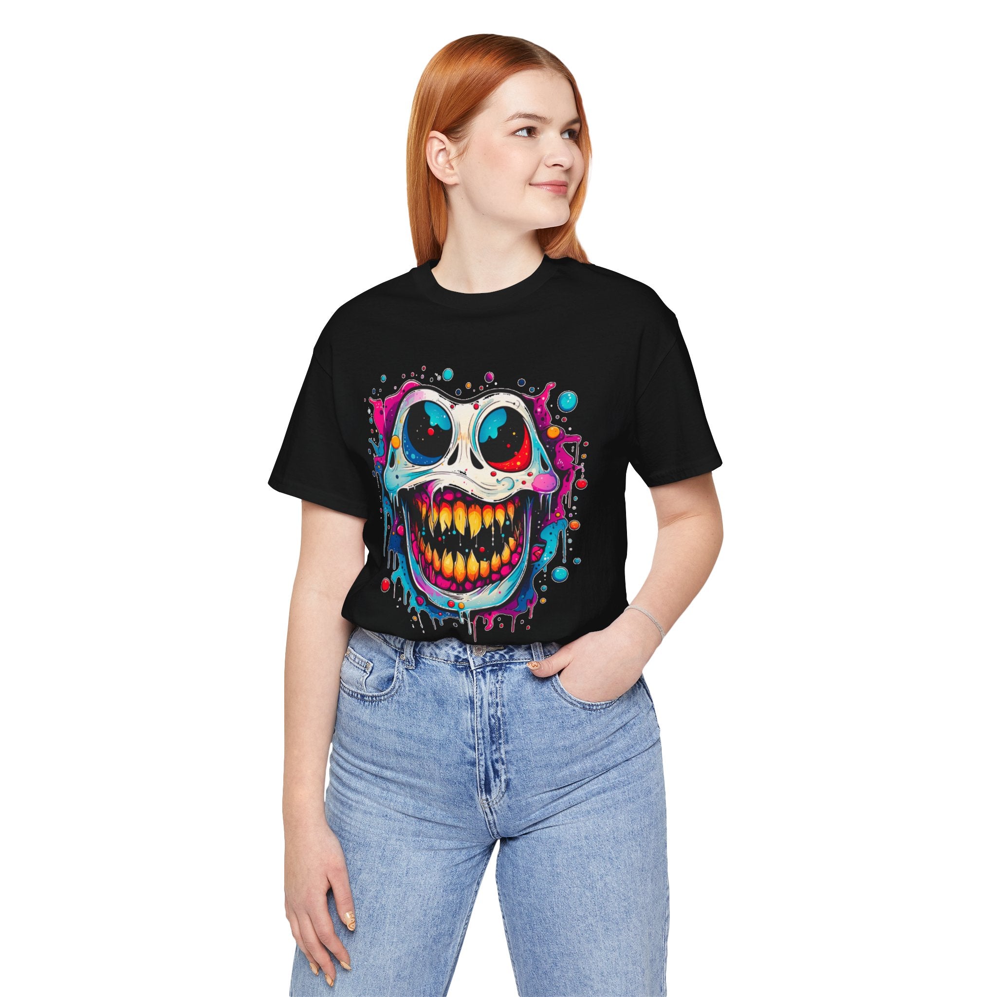 Unisex Skull Smile Tee -Vibrant Neon Drip Horror Graphic T Shirt