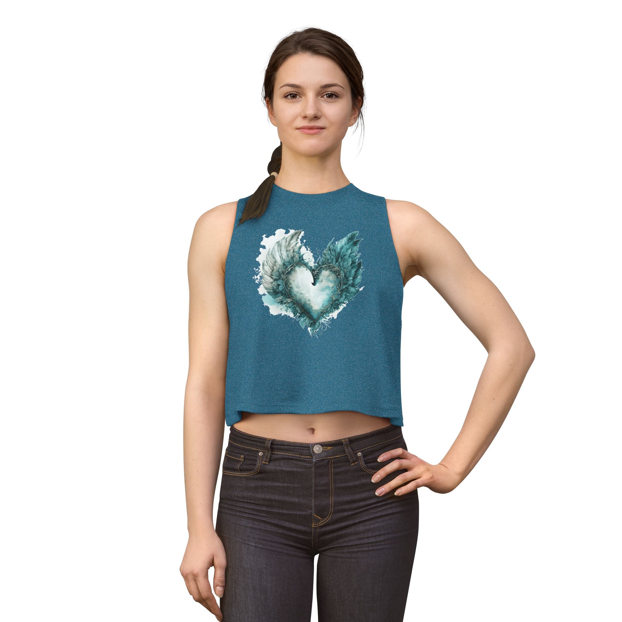 Winged Heart Crop Top, Angel Wings Heart Shirt, Teal Watercolor Graphic Crop Top, Aesthetic Women's Crop Tee