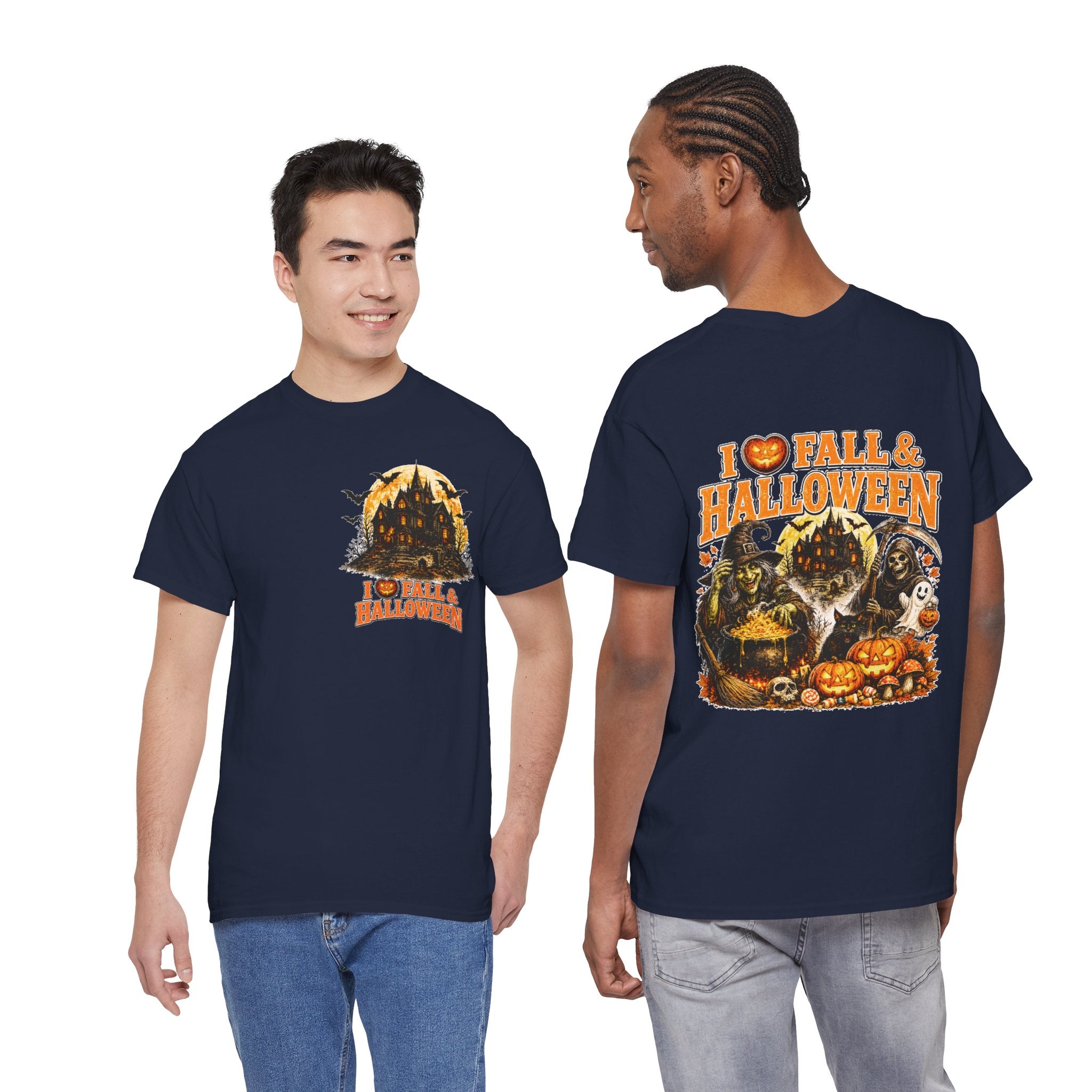 Halloween Fall Graphic Tee — "I  Fall & Halloween" Vintage Pumpkin & Spooky Characters Shirt