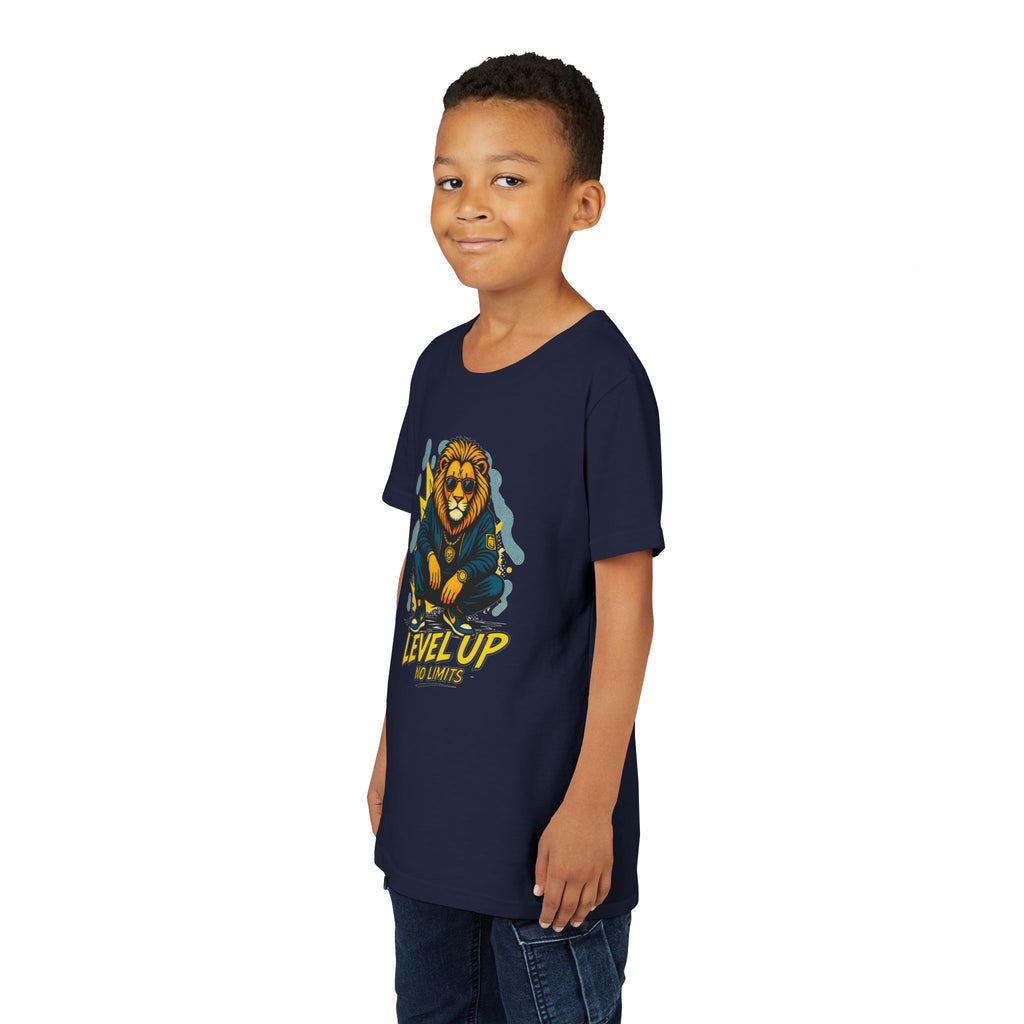 Youth Tee — 'Level Up No Limits' Lion Graphic Shirt