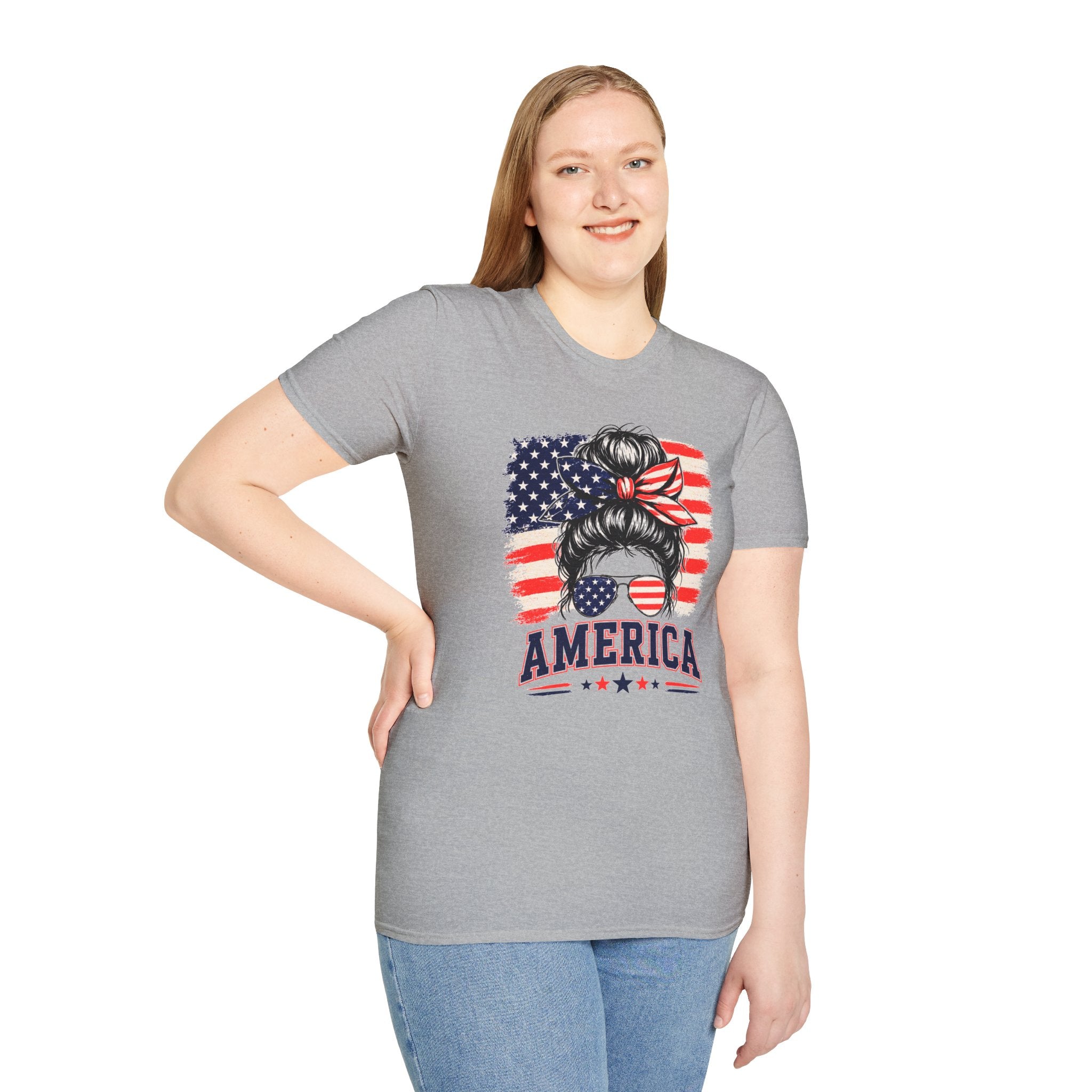 T-Shirt — Messy Bun American Flag Design (Patriotic Hair Band & Sunglasses)