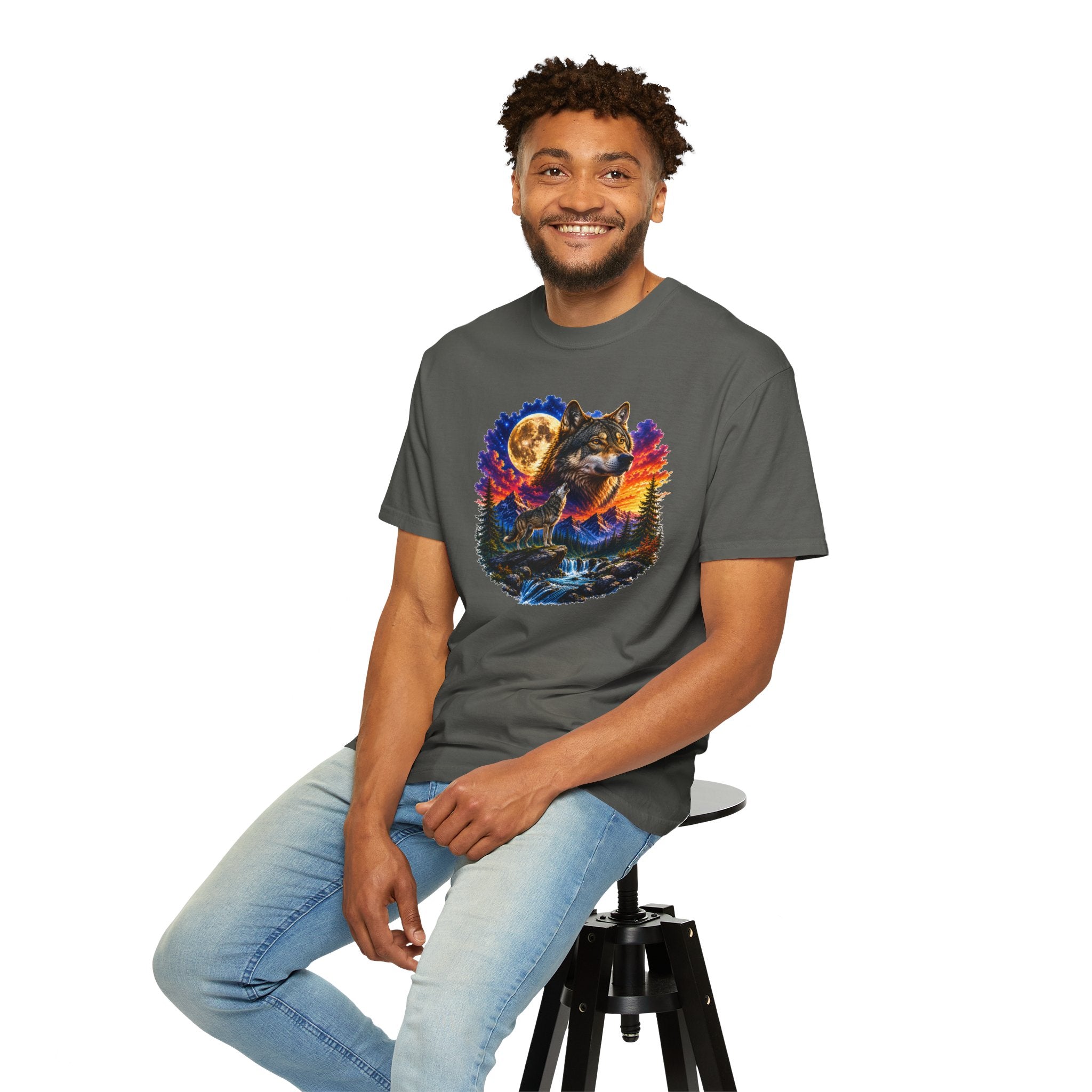Colorful Wolf Moon T-Shirt, Nature Lover Gift, Howling Wolf Graphic Tee, Mountain Forest Shirt, Wildlife Adventure Tee