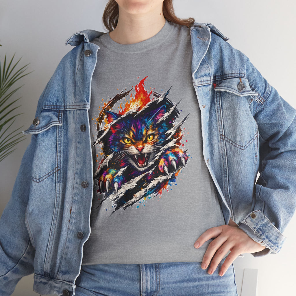 Colorful Angry Cat Rip Through Graphic Tee | Neon Cat T-Shirt | Unisex Streetwear Shirt | Fierce Cat Art | Gift for Cat Lovers