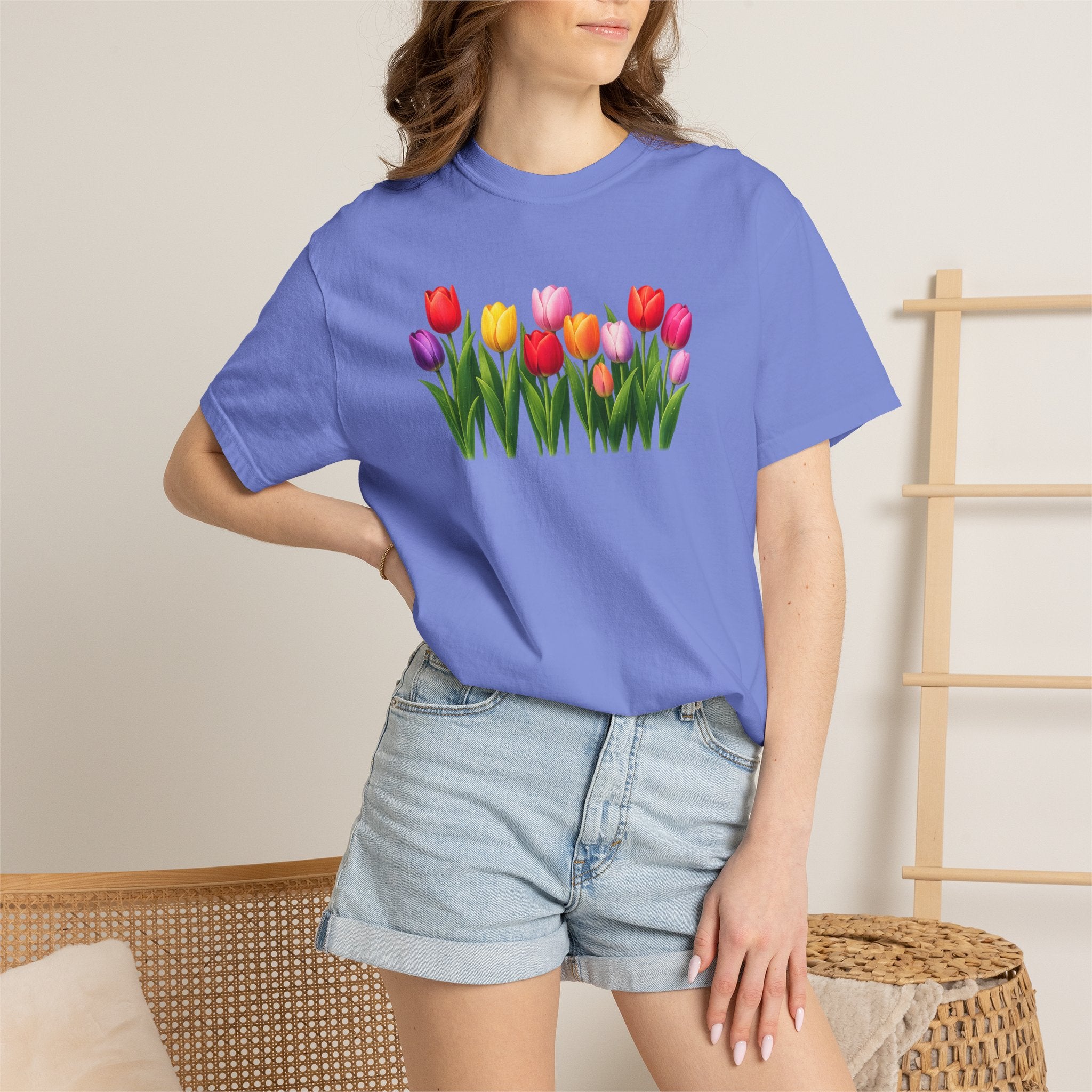 Colorful Tulip Shirt, Floral T-Shirt for Women, Botanical Graphic Tee, Spring Garden Shirt, Comfort Colors Tee