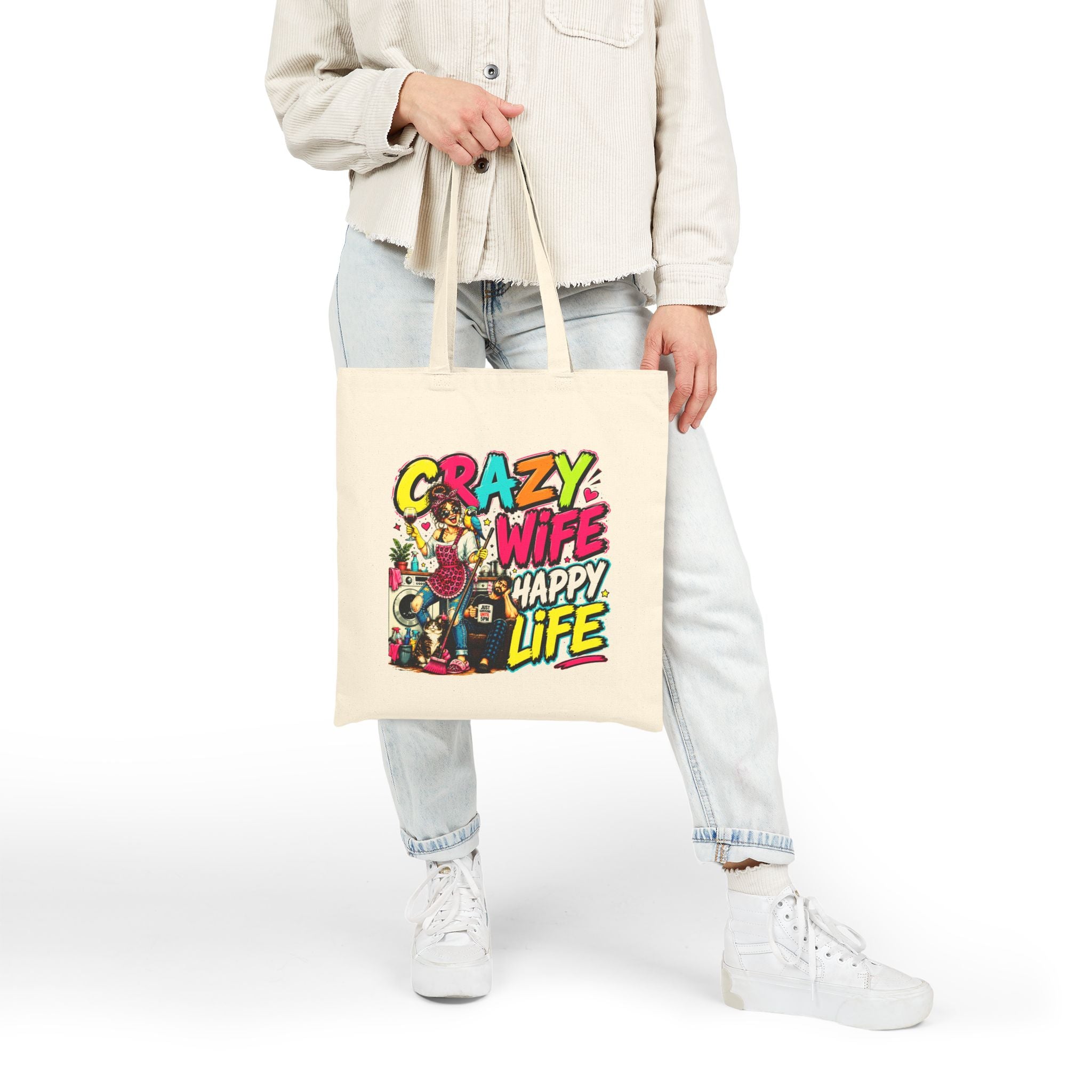 Crazy Wife Happy Life Tote Bag, Funny Wife Gift, Funny Marriage Canvas Bag, Wife Humor Gift, Anniversary Gift, Reusable Shopping Tote