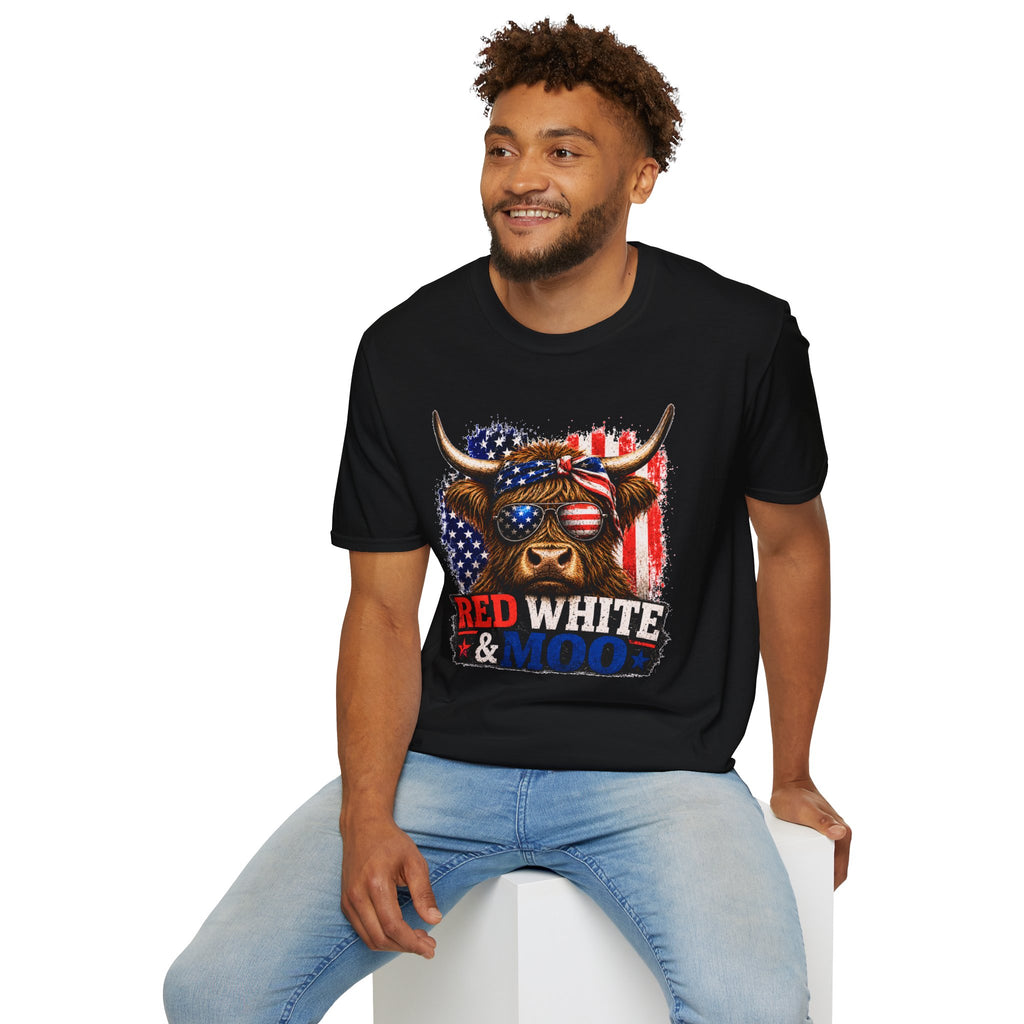 Patriotic Cow Graphic T-Shirt — "Red White & Moo" American Flag Tee