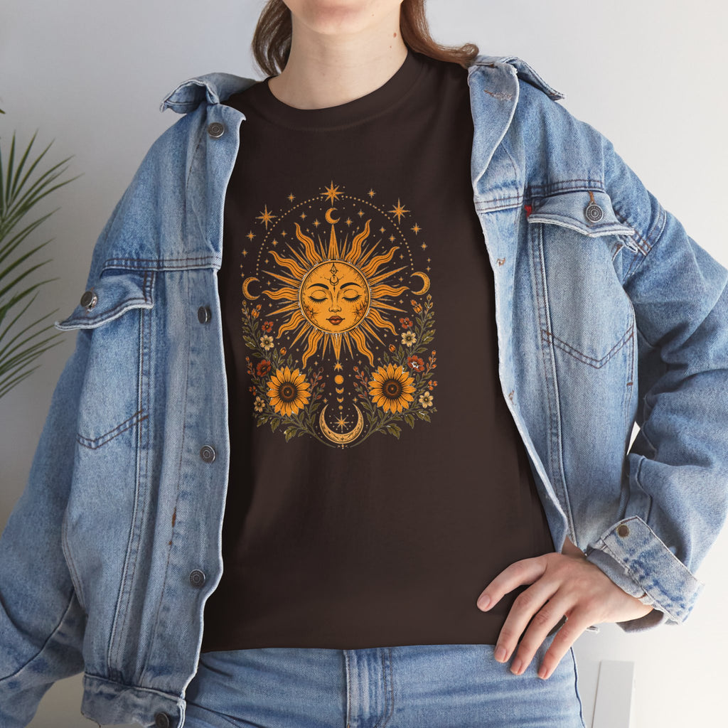 Sun & Sunflower Graphic T-Shirt, Boho Celestial Tee, Vintage Sun Shirt, Spiritual Aesthetic Top, Gift for Her