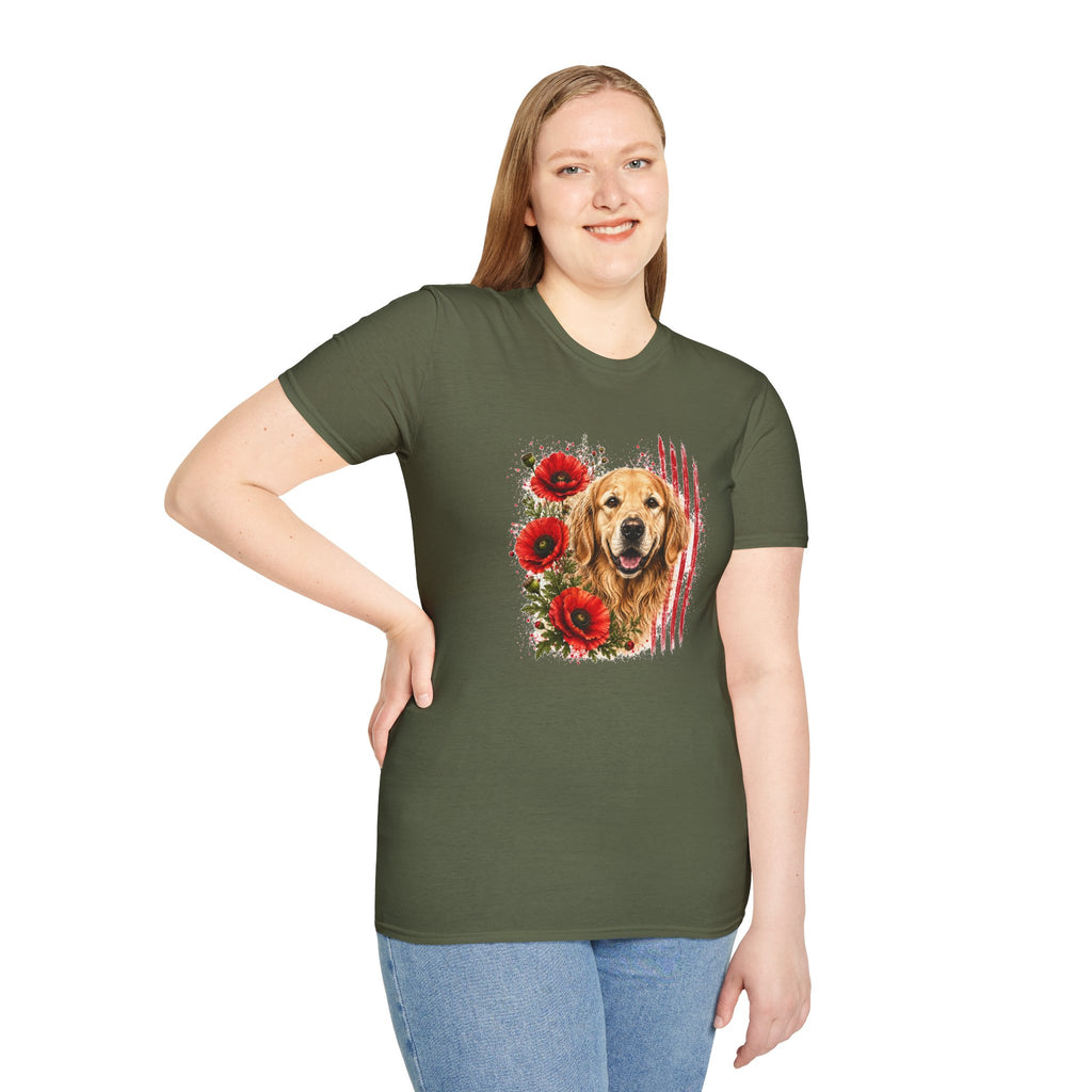 Golden Retriever Poppy T-Shirt | Patriotic Dog Lover Shirt | Golden Retriever Mom Gift | Floral Dog Graphic Tee | Unisex USA Shirt