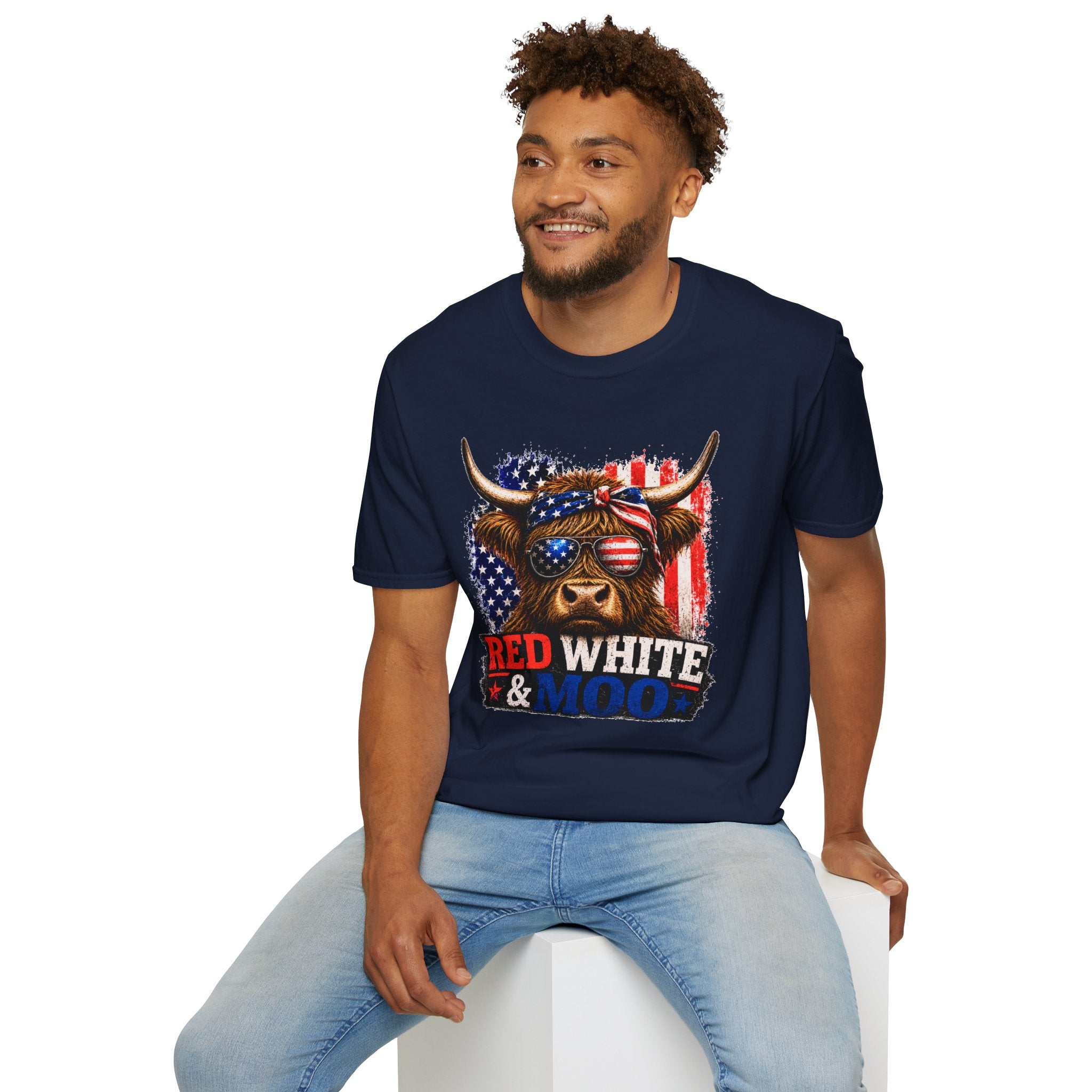 Patriotic Cow Graphic T-Shirt — "Red White & Moo" American Flag Tee