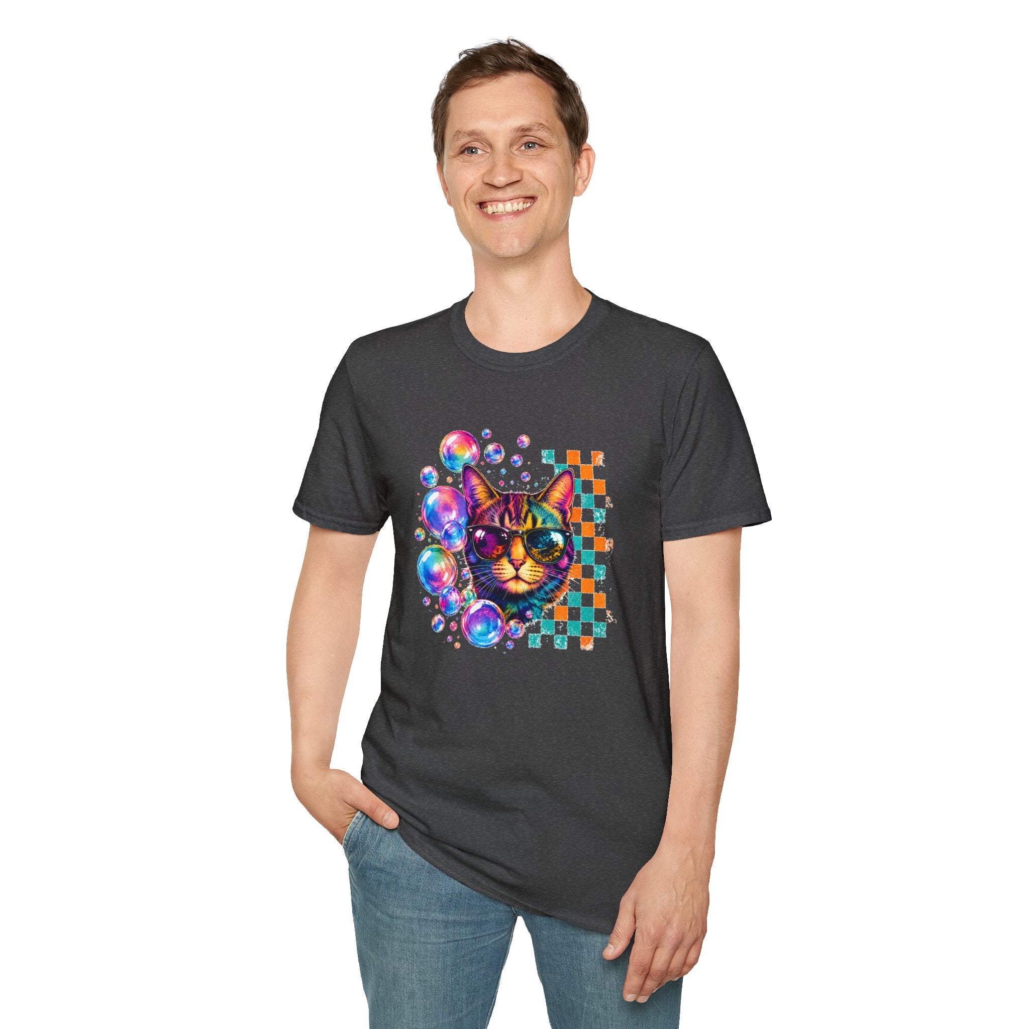 Colorful Cat Sunglasses T-Shirt, Retro Pop Art Cat Tee, Fun Graphic Shirt
