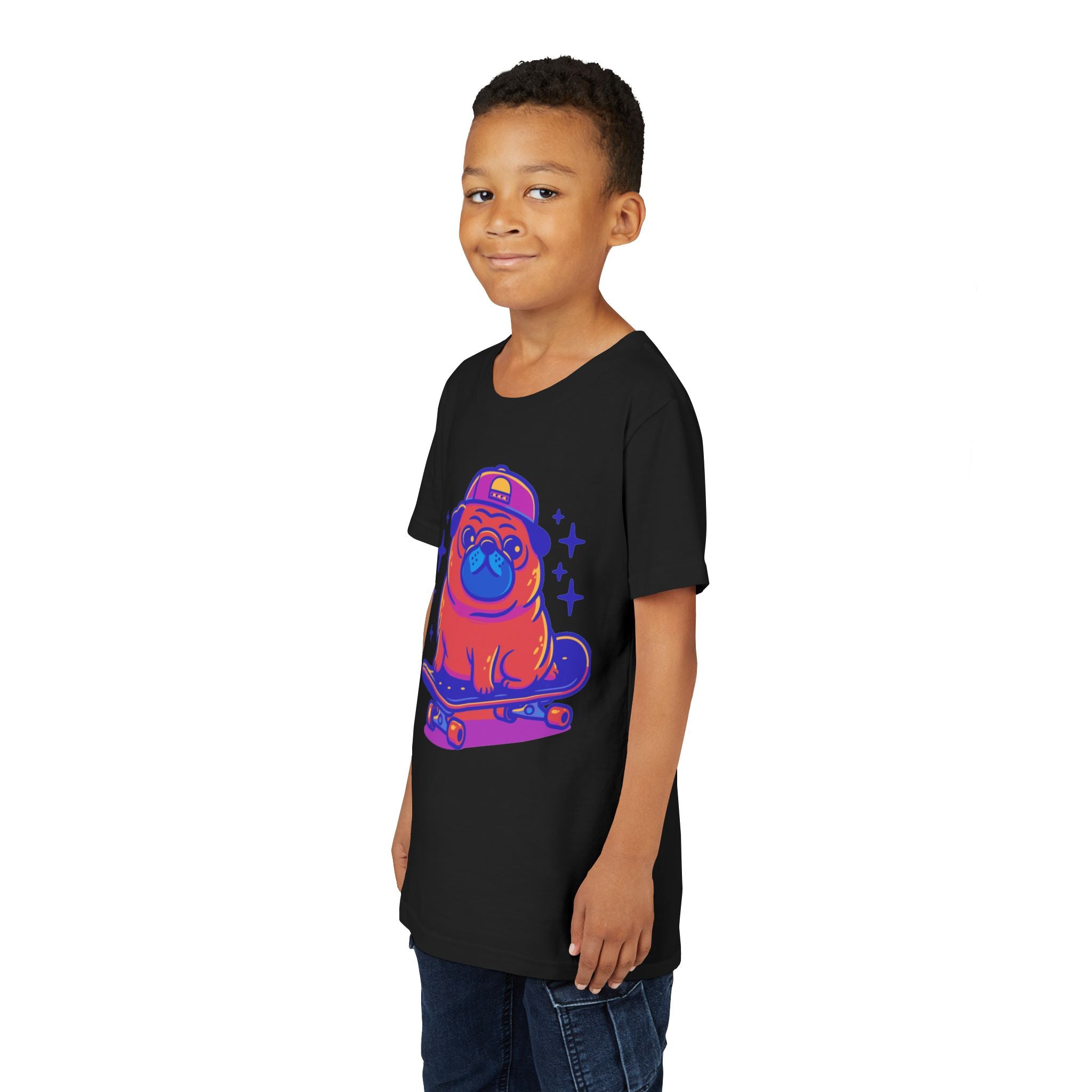 Cute Skateboarding Pug Kids T-Shirt | Funny Dog Graphic Tee for Boys & Girls | Youth Streetwear Shirt