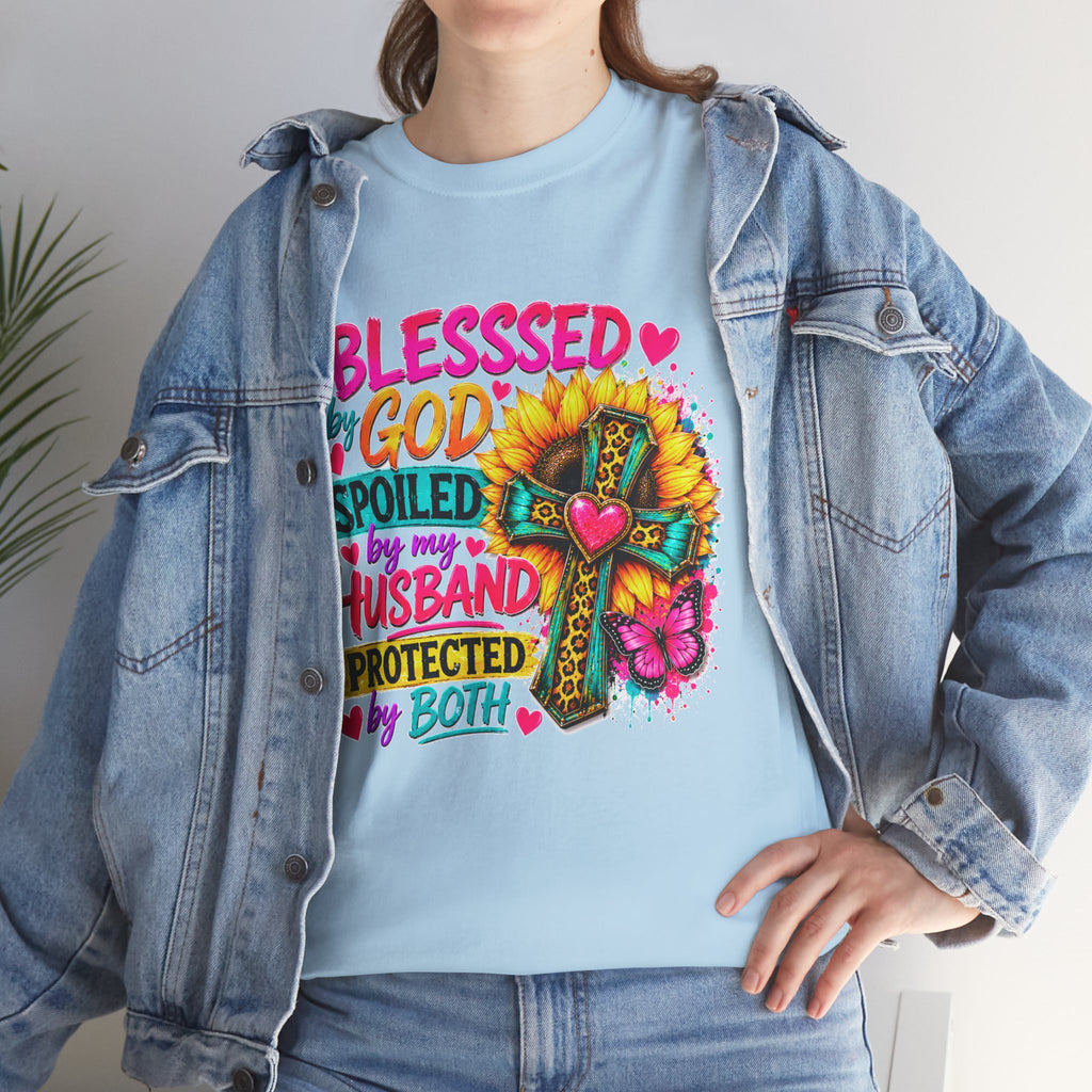 Blessed by God Spoiled by My Husband Tee — Christian Cross Floral Women's Shirt
