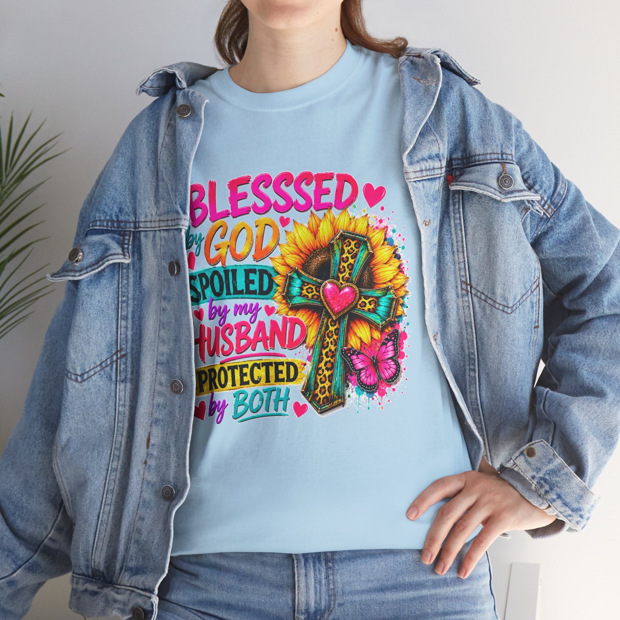 Blessed by God Spoiled by My Husband Tee — Christian Cross Floral Women's Shirt