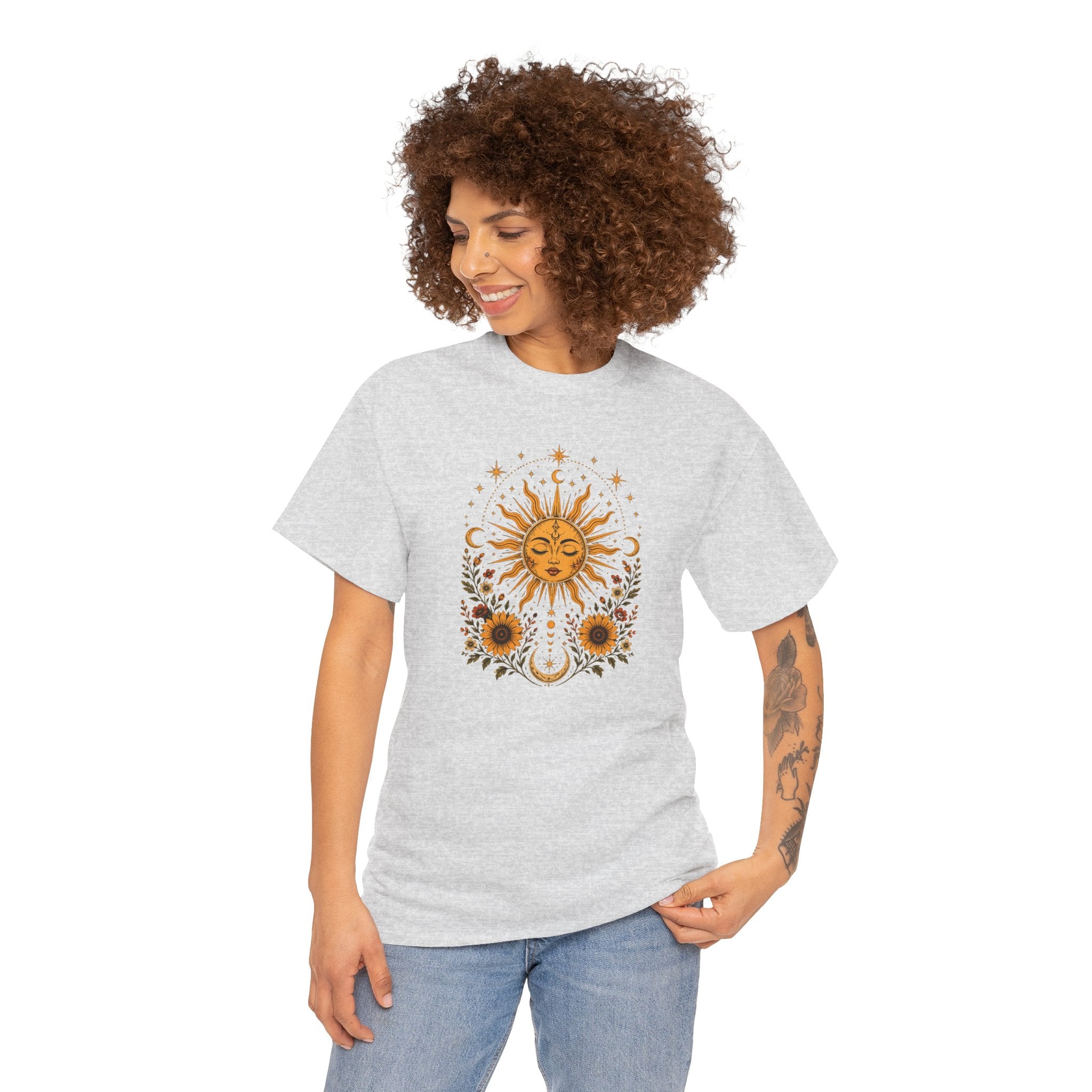 Sun & Sunflower Graphic T-Shirt, Boho Celestial Tee, Vintage Sun Shirt, Spiritual Aesthetic Top, Gift for Her