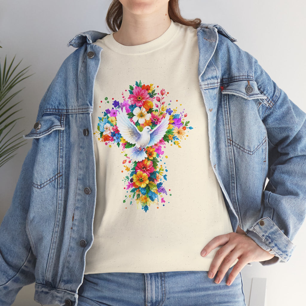 Christian Floral Cross T-Shirt | Dove Faith Shirt | Religious Graphic Tee | Holy Spirit Shirt | Easter Gift | Church Shirt