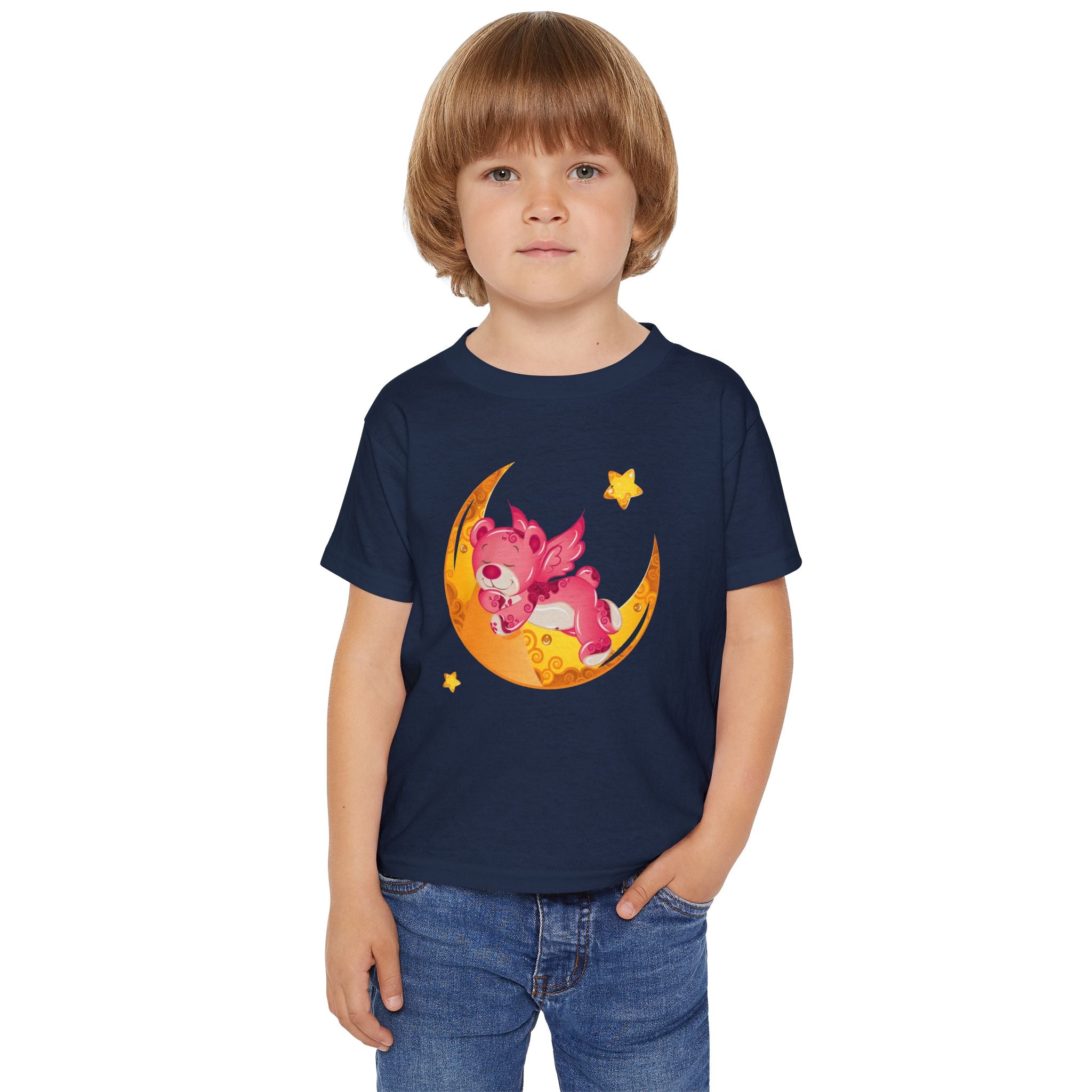 Cute Sleeping Pink Baby Dragon on Moon Toddler T-Shirt | Nursery Kids Tee | Soft Cotton Toddler Shirt