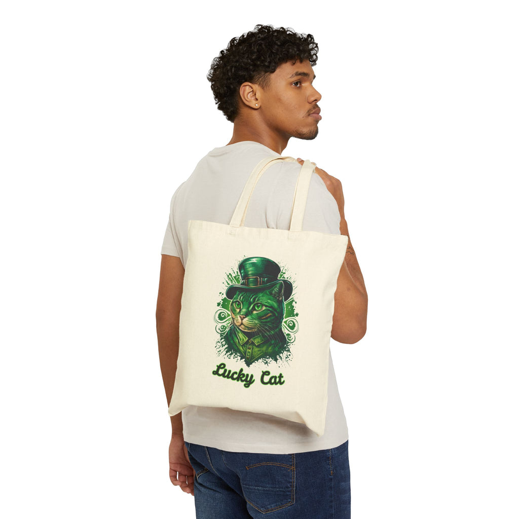 Lucky Cat Tote Bag – St. Patrick’s Day Green Kitty Canvas Tote