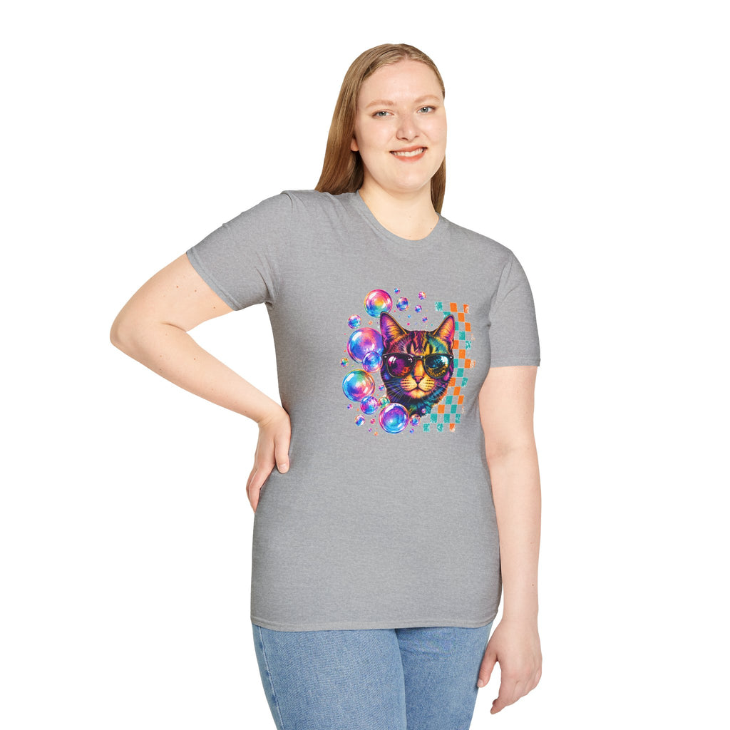 Colorful Cat Sunglasses T-Shirt, Retro Pop Art Cat Tee, Fun Graphic Shirt