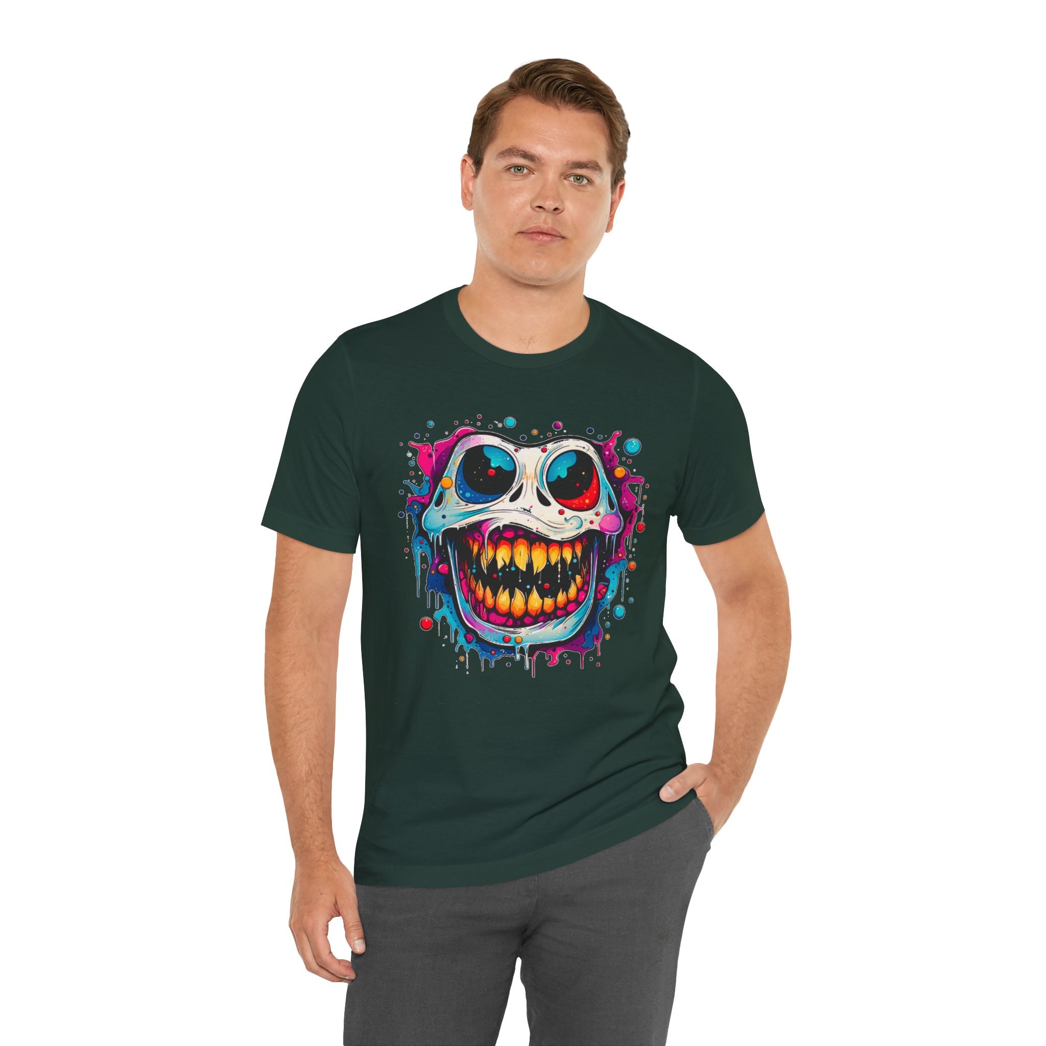 Unisex Skull Smile Tee -Vibrant Neon Drip Horror Graphic T Shirt