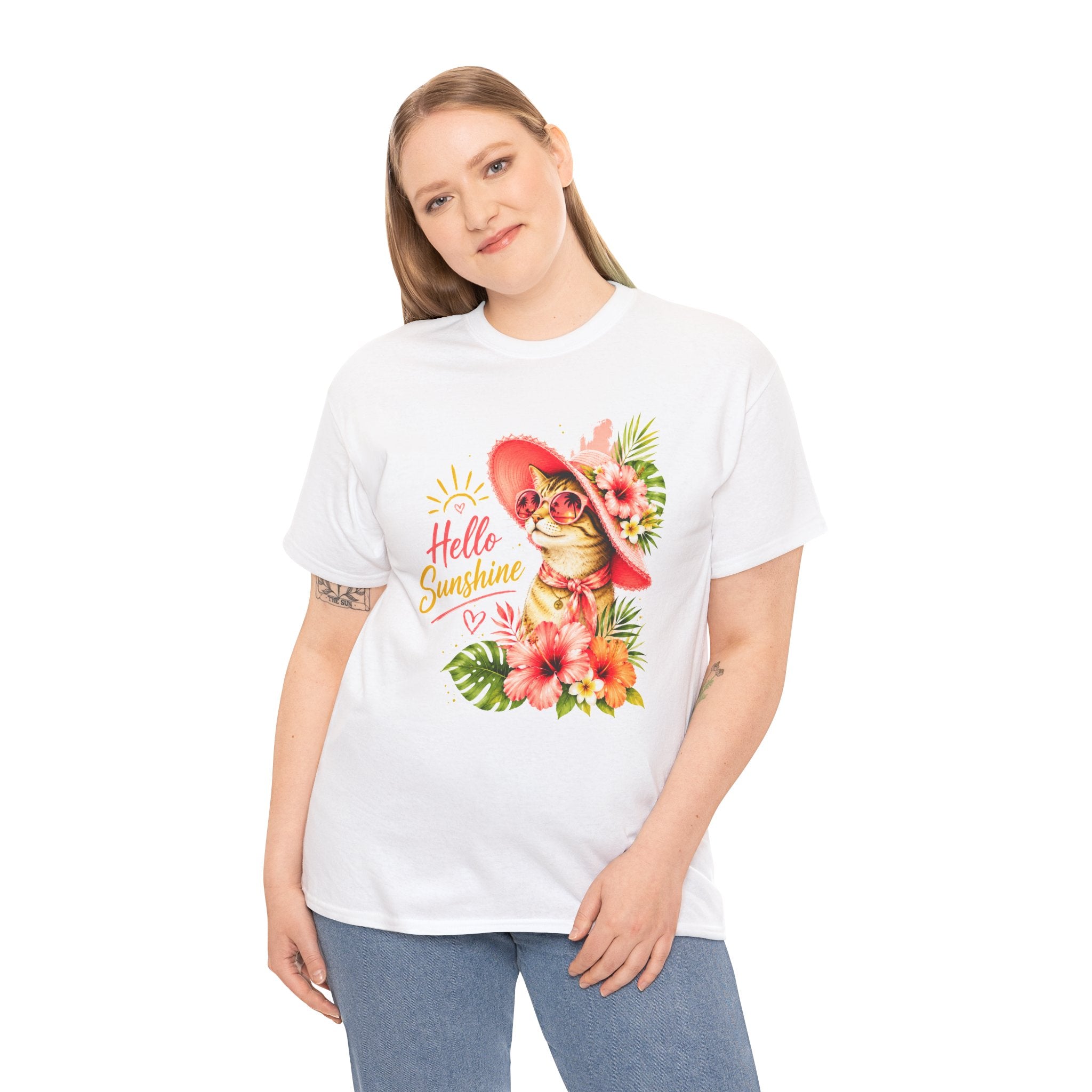 Hello Sunshine Cat Shirt | Cute Floral Cat T-Shirt | Tropical Summer Kitty Tee | Cat Lover Gift | Cute Women's Graphic Tee