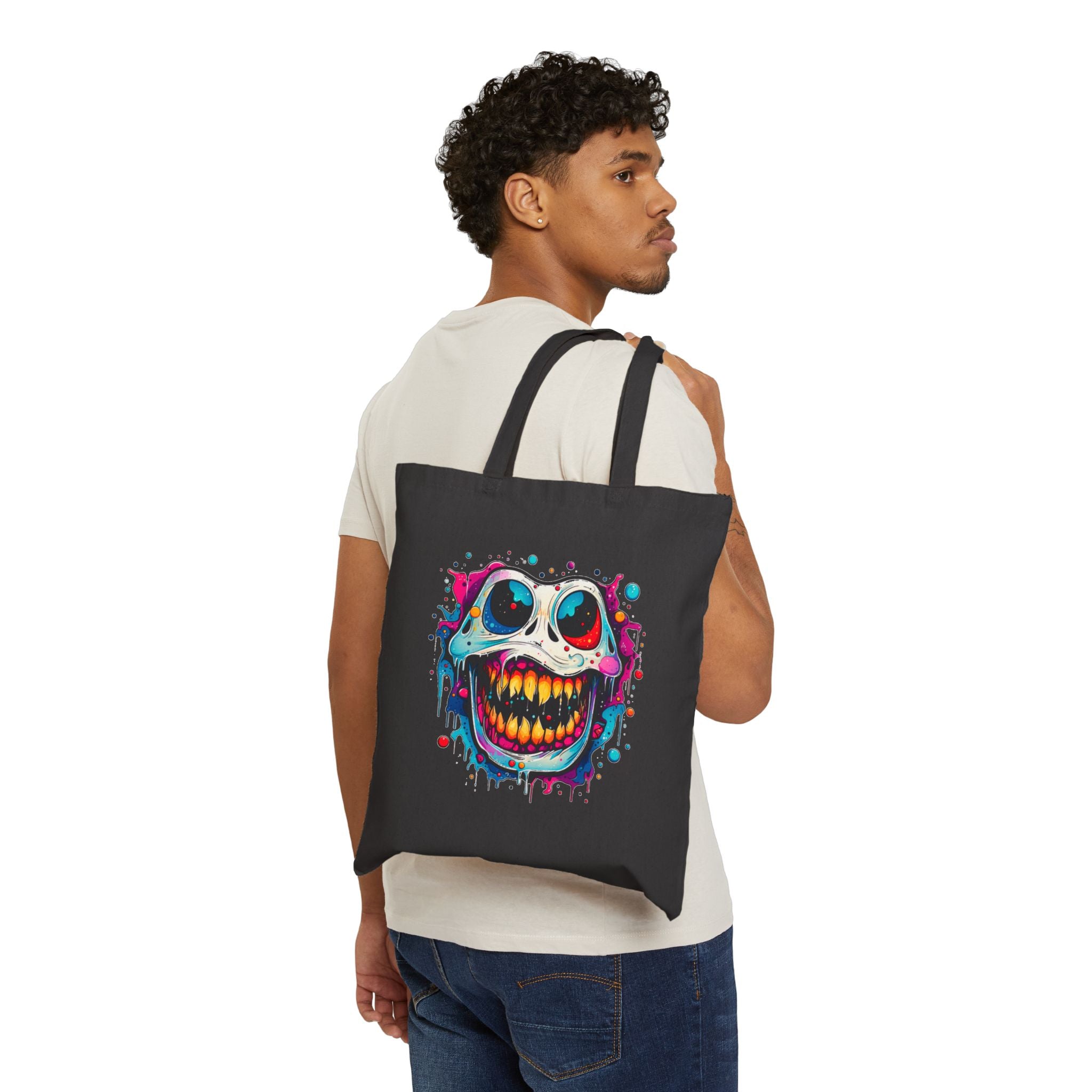 Tote Bag - Colorful Grinning Skull Canvas Tote ,Halloween, Gothic Streetwear