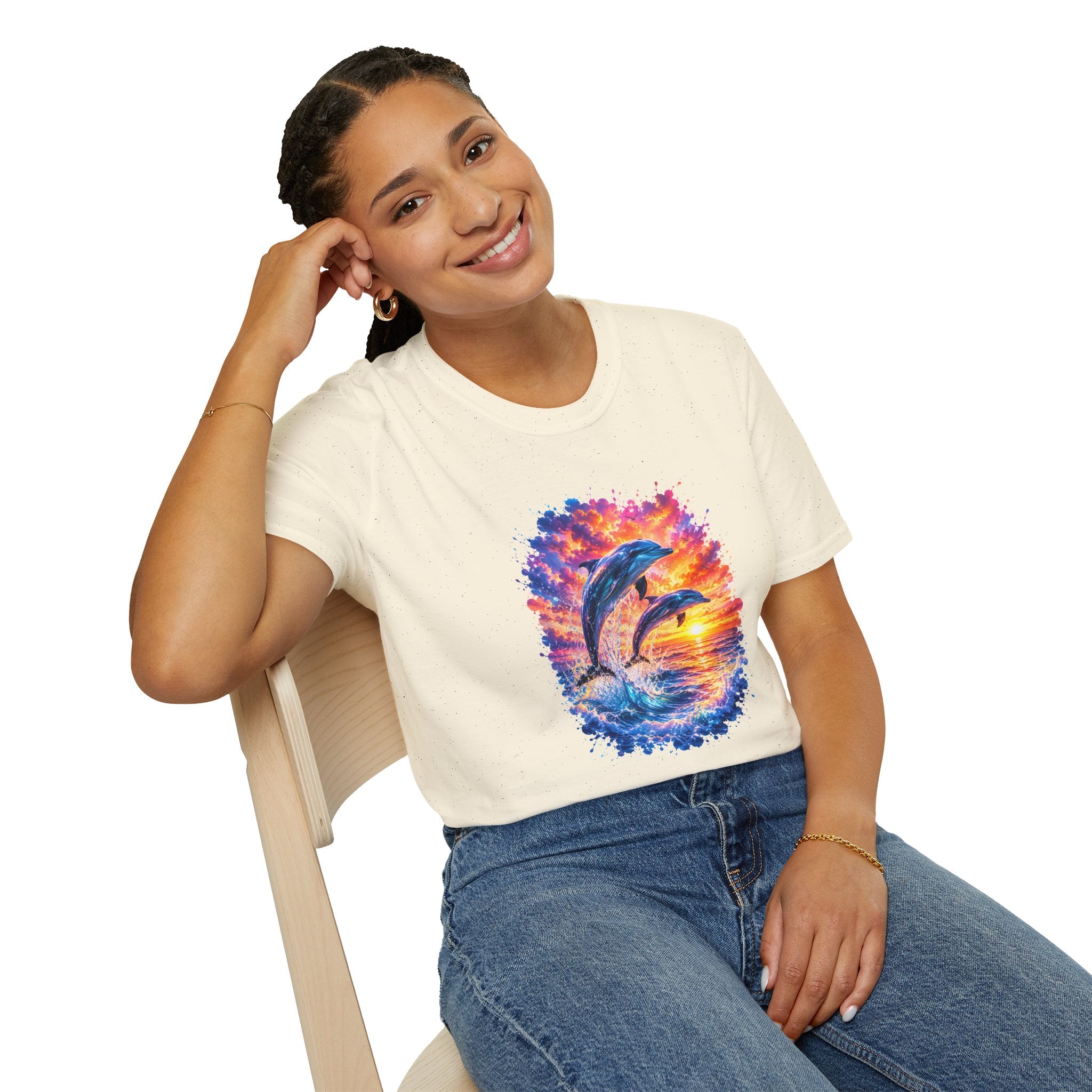 Dolphin Sunset TShirt  Vibrant Ocean Jump Graphic Tee