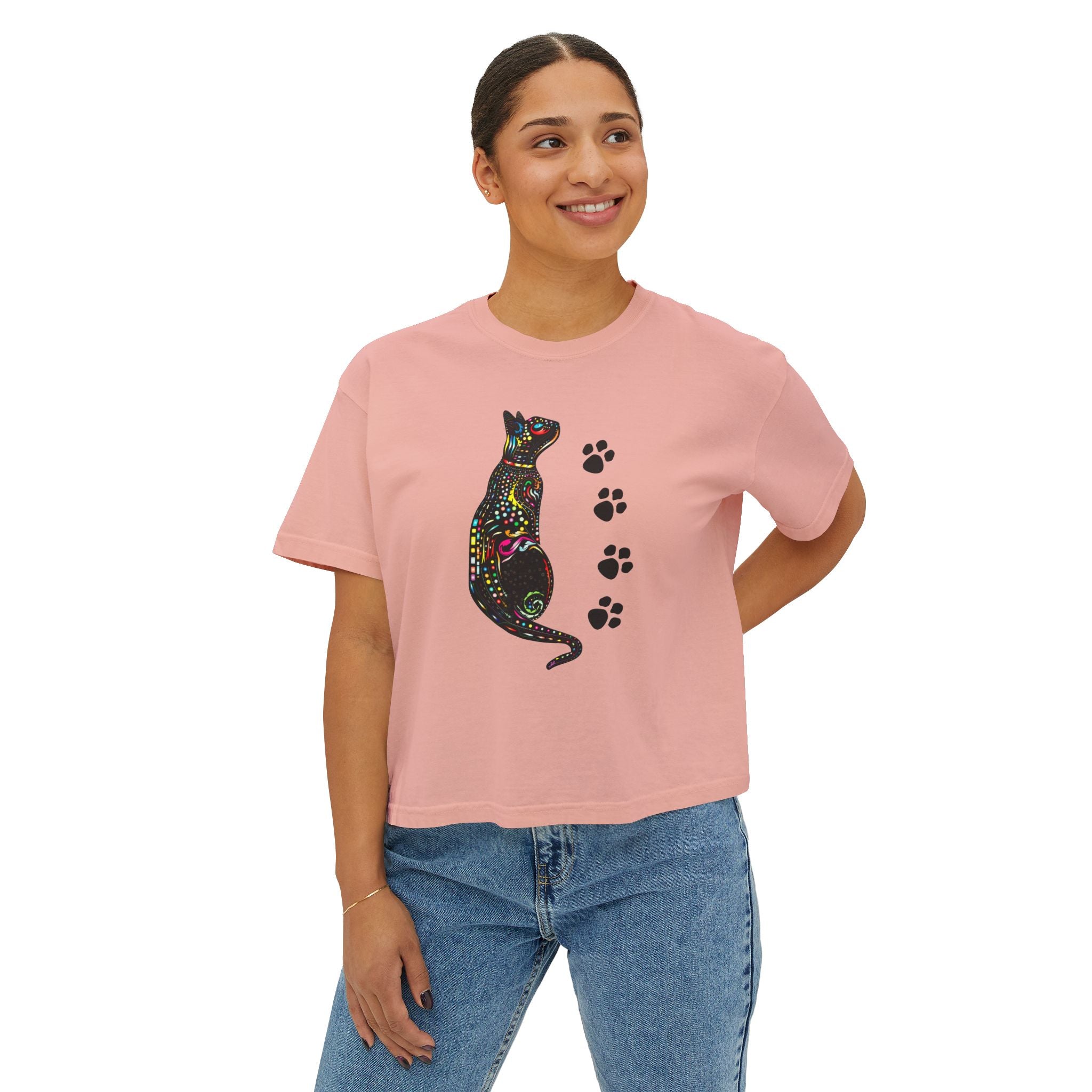 Black Cat Floral Graphic Tee, Cute Paw Print Boxy Shirt for Women
