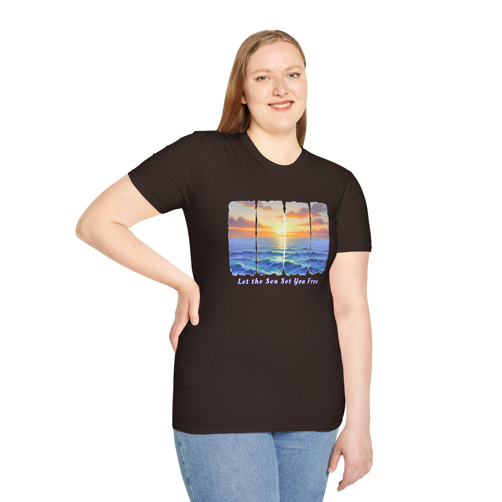Sunset Ocean Shirt Let the Sea Set You Free Beach T Shirt Summer Vacation Tee Aesthetic Sea Wave Graphic Shirt