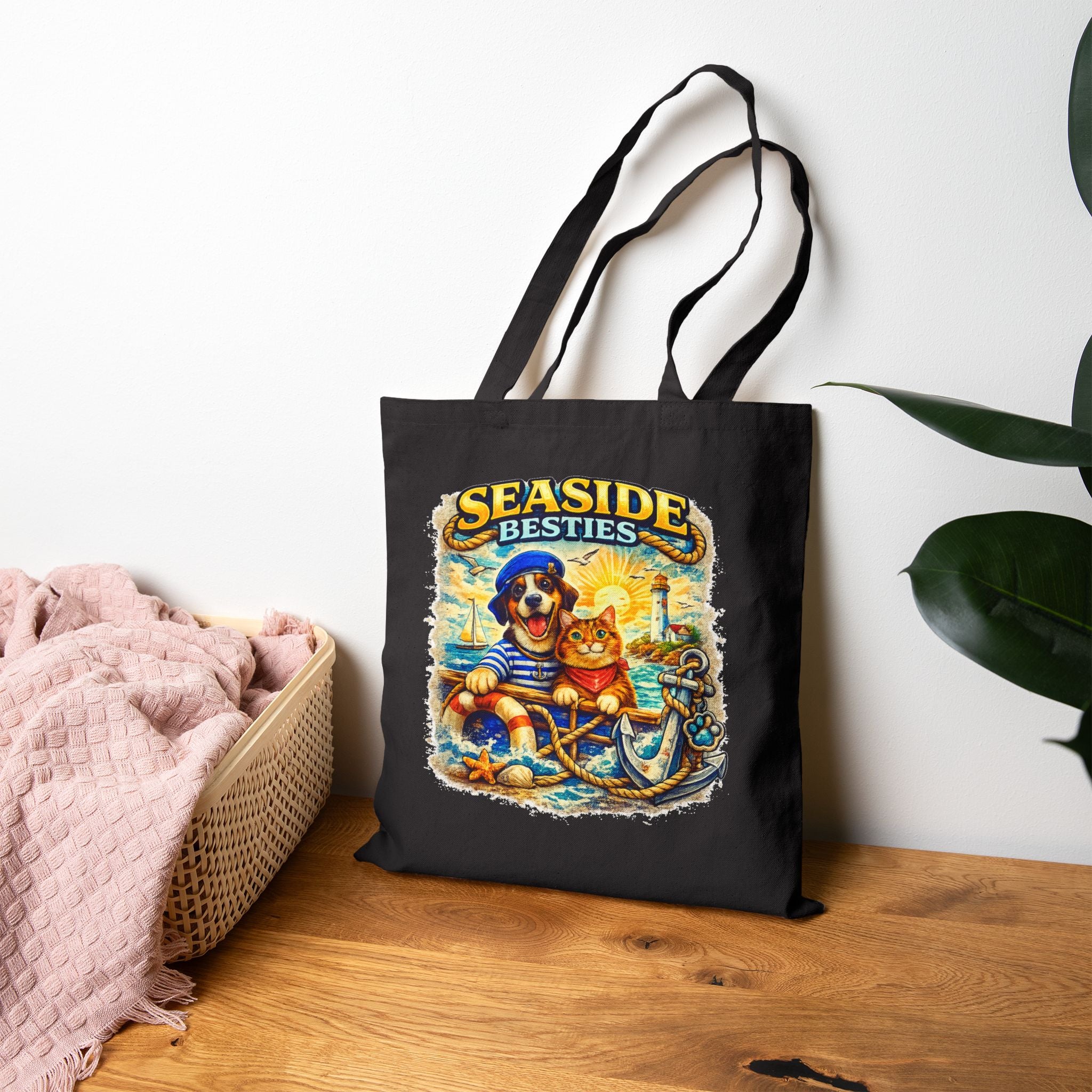 Seaside Besties Tote Bag | Beach Dog & Cat Tote Bag | Coastal Canvas Bag | Ocean Lover Gift