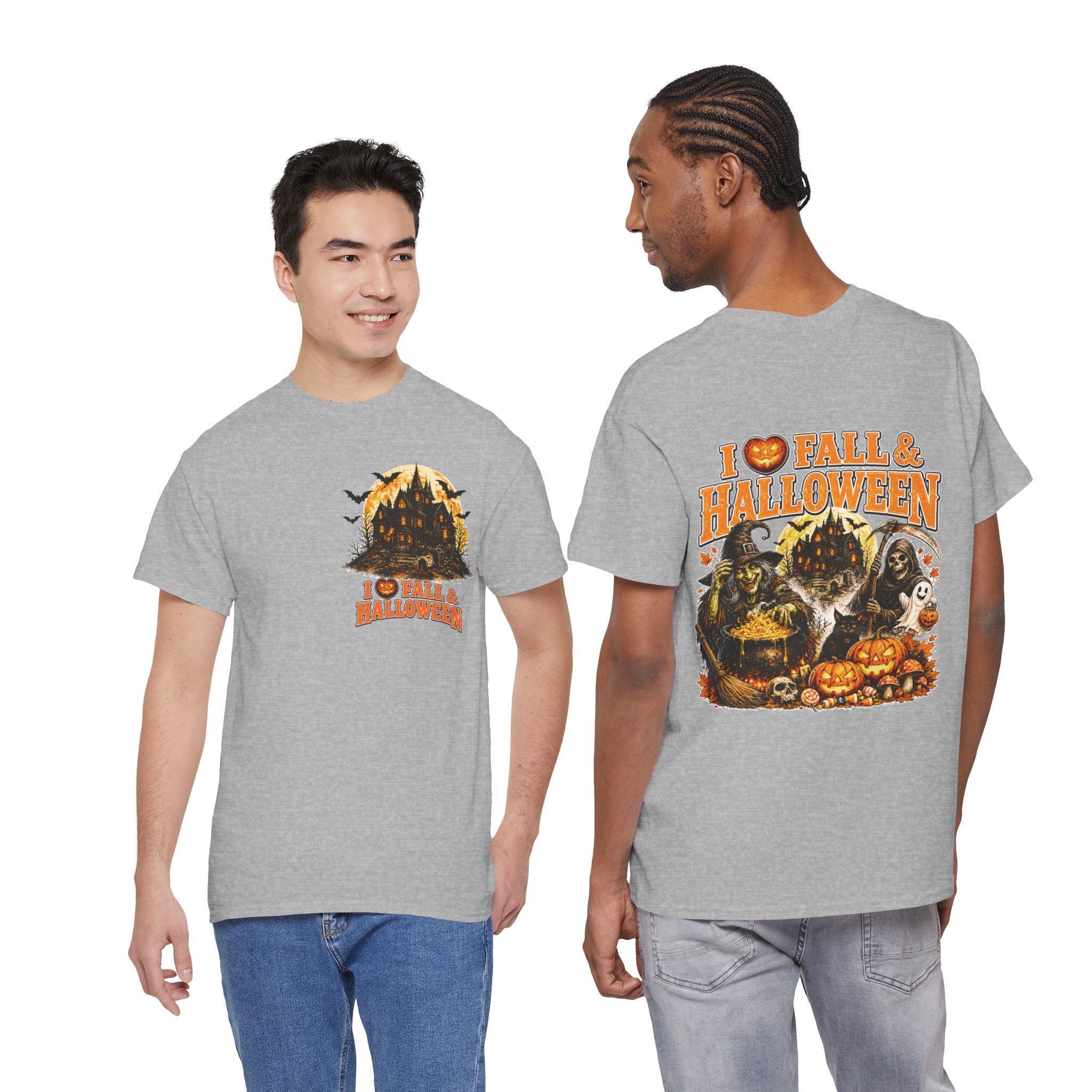 Halloween Fall Graphic Tee — "I  Fall & Halloween" Vintage Pumpkin & Spooky Characters Shirt