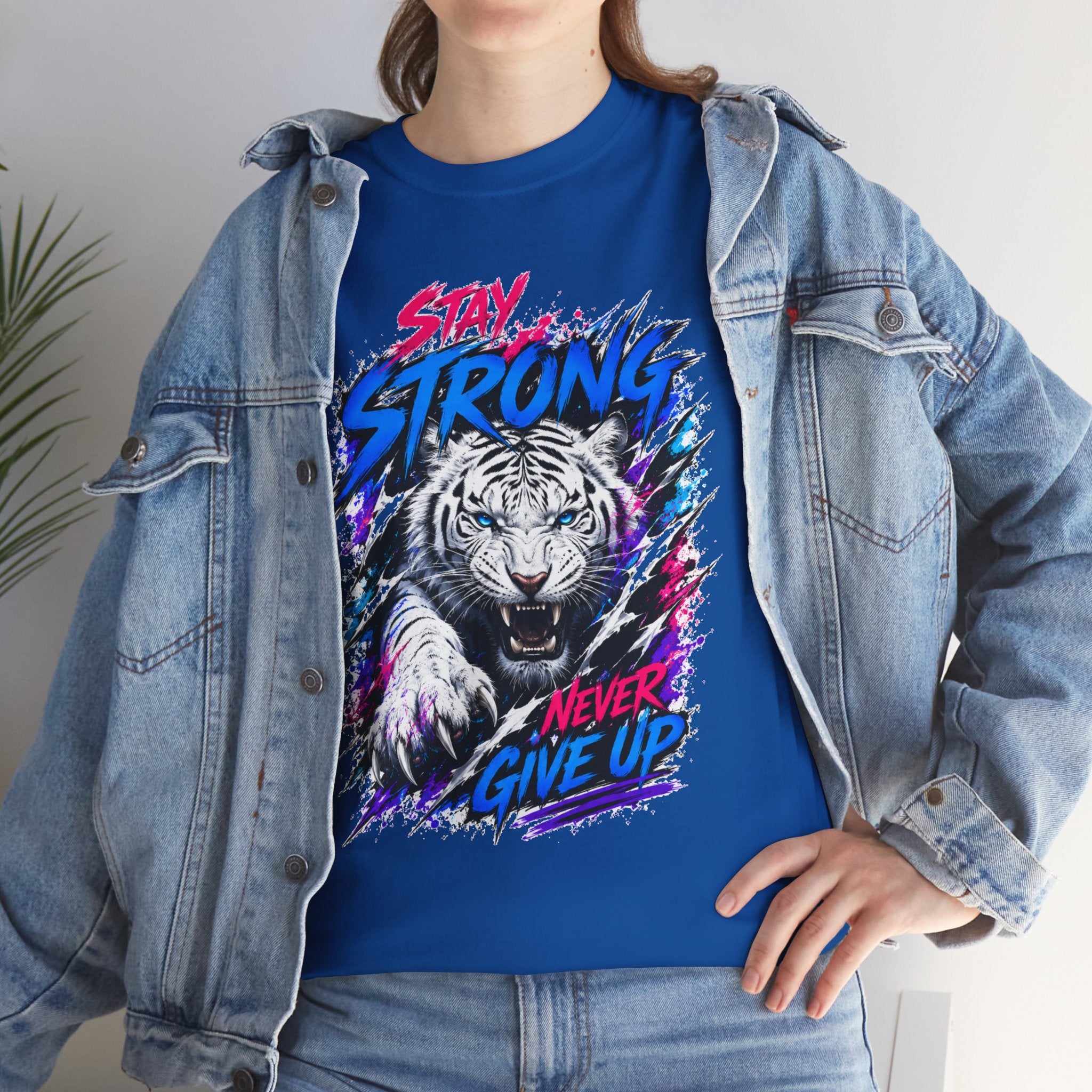 Stay Strong Never Give Up Tiger T-Shirt | White Tiger Graphic Tee | Motivational Unisex Shirt | Inspirational Animal Tee | Gift for Tiger Lovers
