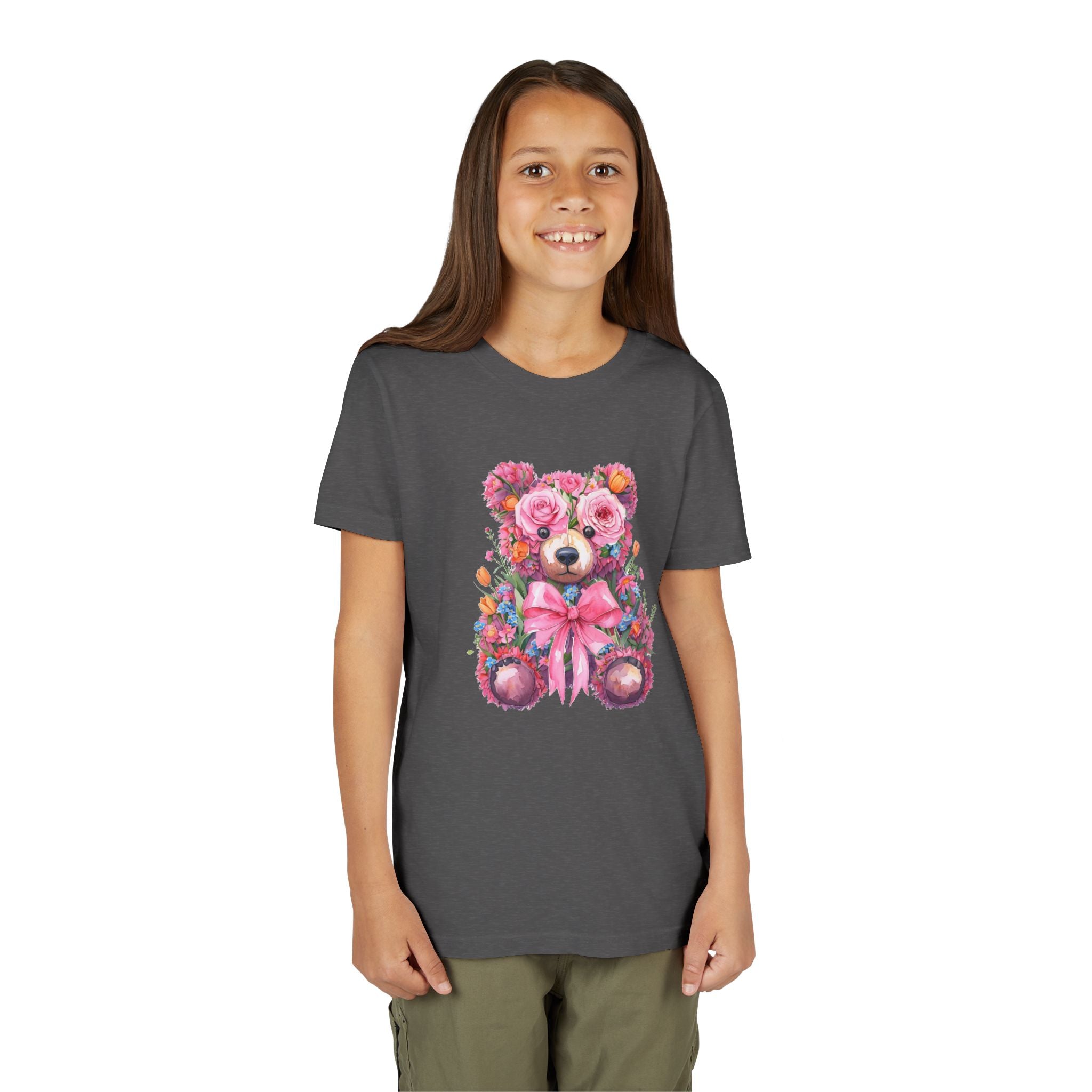 Floral Teddy Bear Kids T-Shirt, Cute Pink Bear Tee, Flower Bear Youth Shirt, Gift for Girls