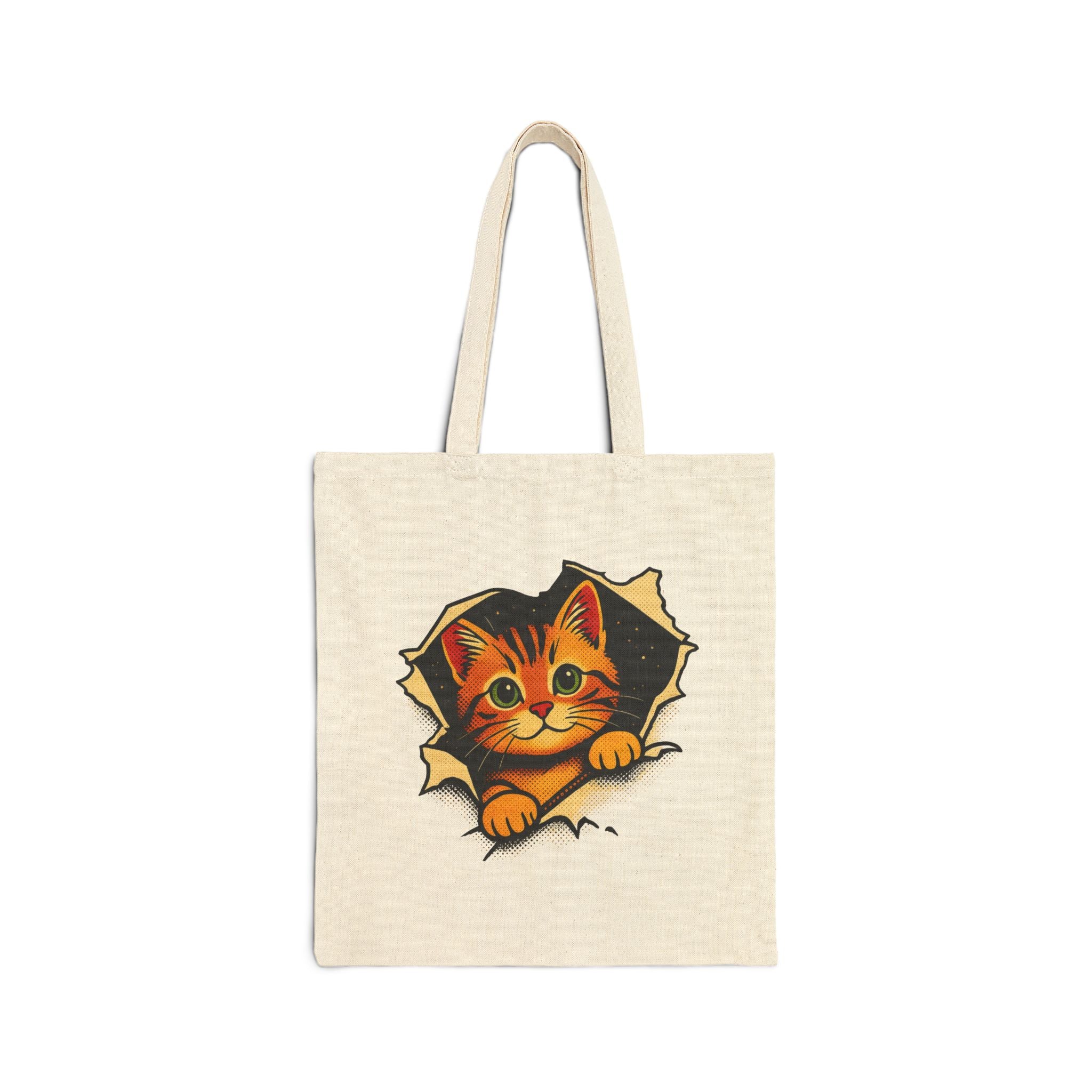 Cat Peeking Tote Bag — Cute Kitten Canvas Grocery & Book Bag