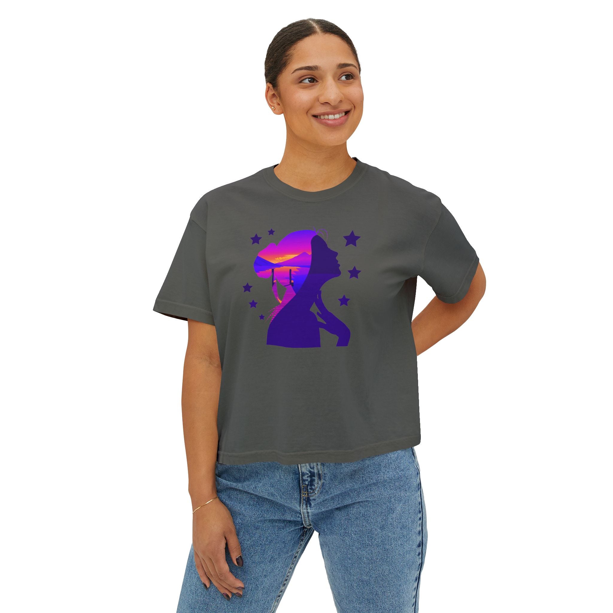 Women's Boxy Tee — Purple Sunset Silhouette Tee for Girls & Teens
