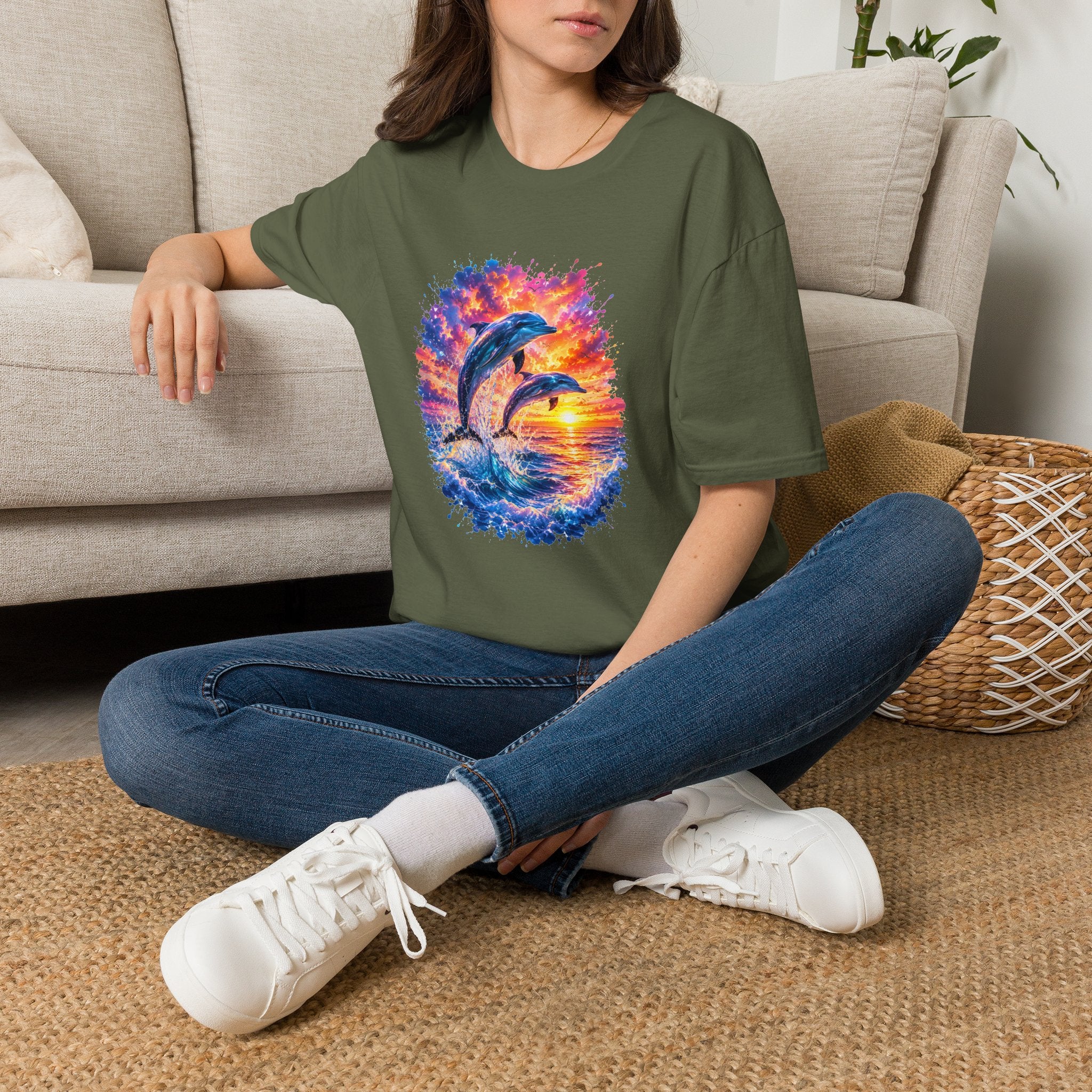 Dolphin Sunset TShirt  Vibrant Ocean Jump Graphic Tee