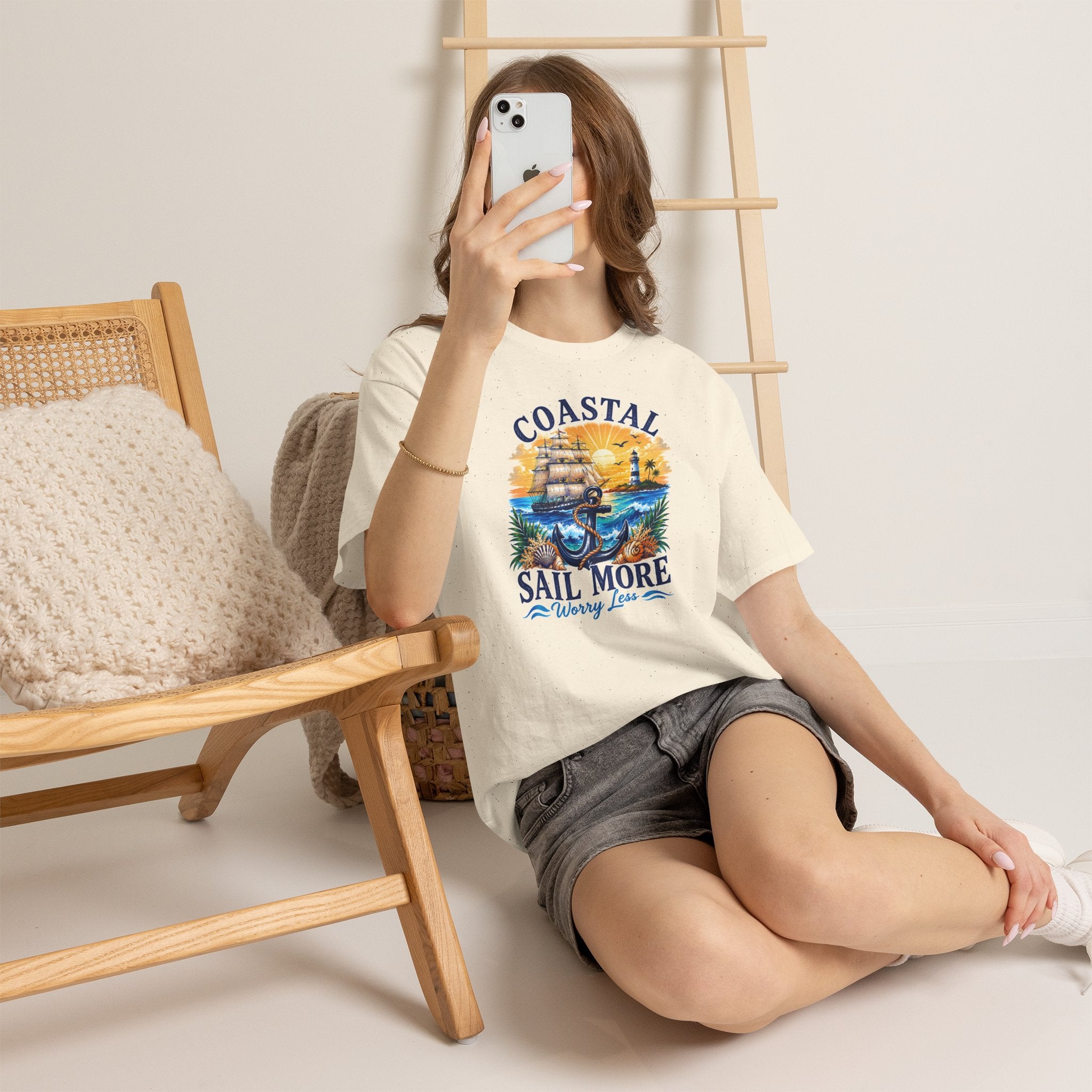 Coastal Sail More Worry Less T-Shirt | Nautical Beach Graphic Tee | Sailing Lover Shirt | Ocean Sunset Gift