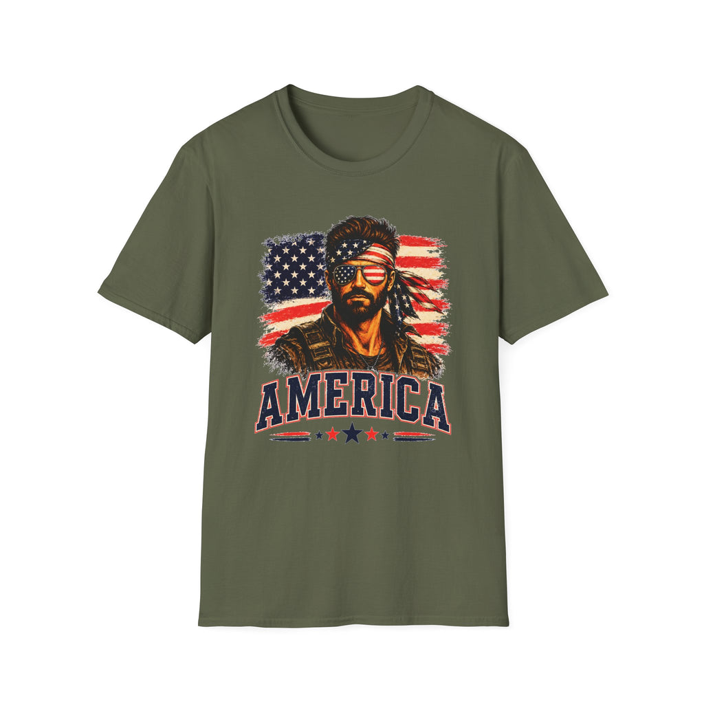 Patriotic Bandana Man T-Shirt — USA Flag Graphic Tee ("America")
