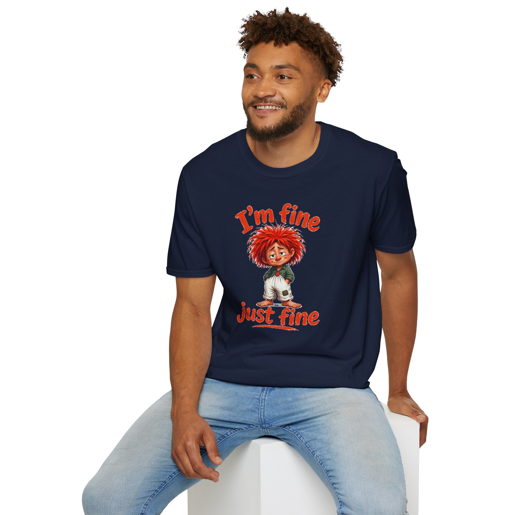 I'm Fine T‑Shirt — Cute Red‑Haired Character Tee ("I'm fine, just fine")