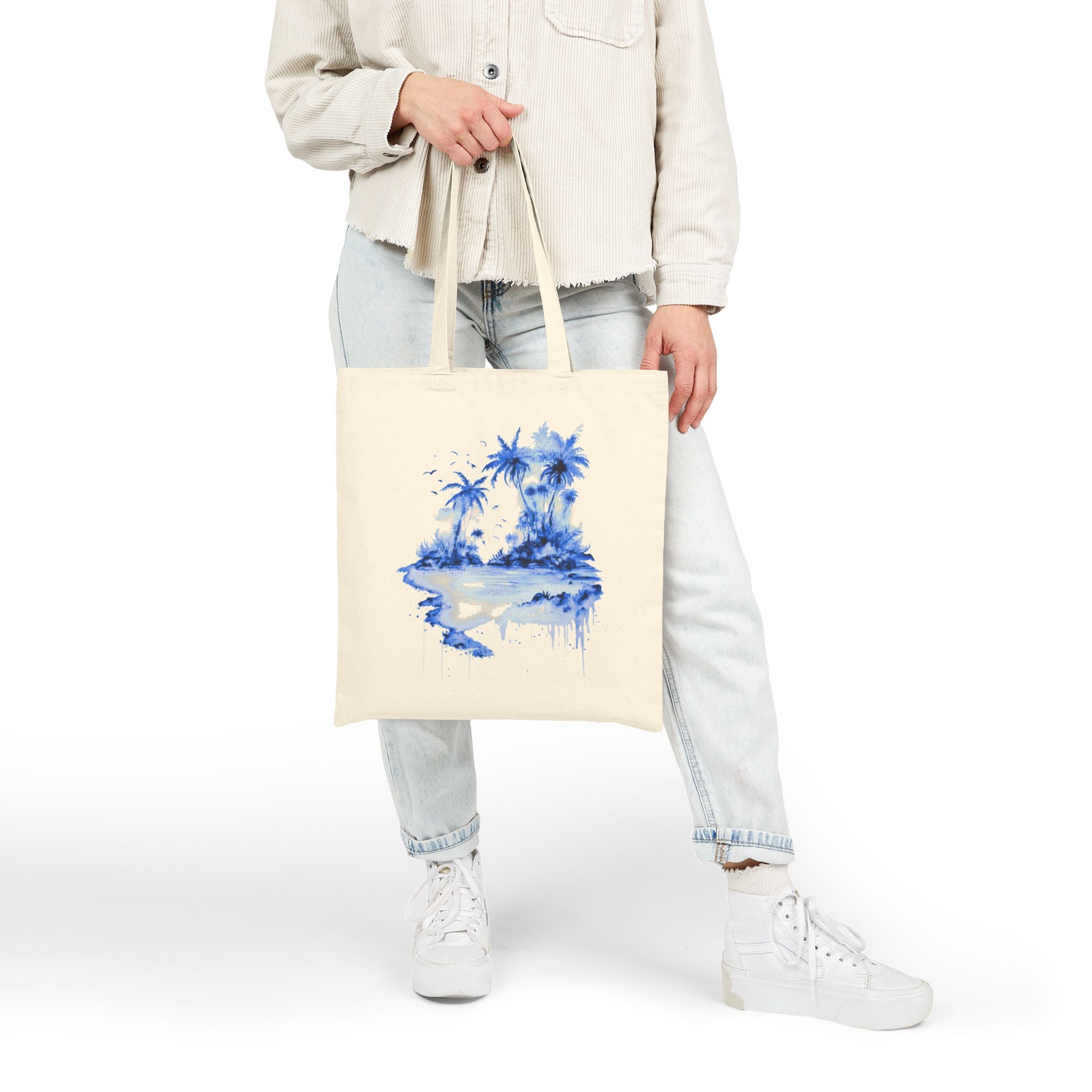 Blue Watercolor Tropical Island Tote Bag | Palm Trees Beach Canvas