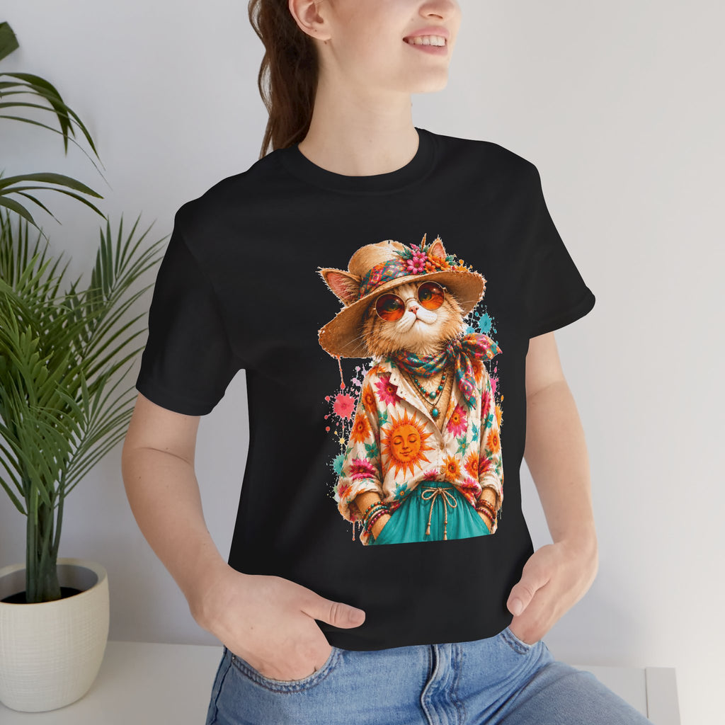 Boho Cat Graphic Tee — Floral Hat & Sunshine Cat T-Shirt
