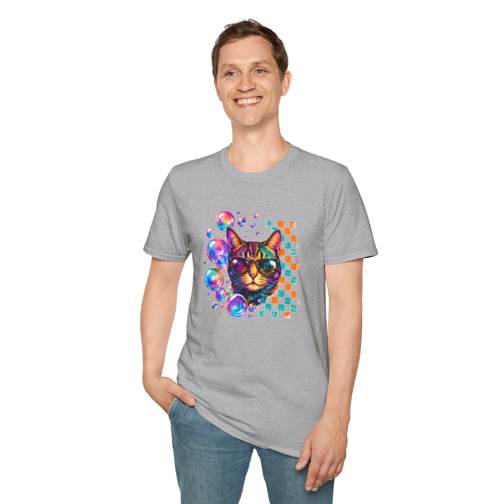 Colorful Cat Sunglasses T-Shirt, Retro Pop Art Cat Tee, Fun Graphic Shirt