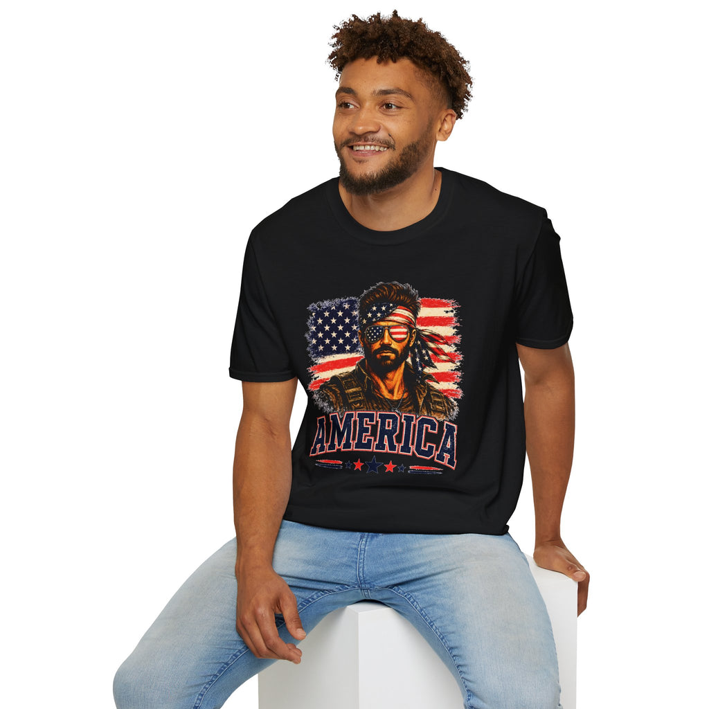 Patriotic Bandana Man T-Shirt — USA Flag Graphic Tee ("America")