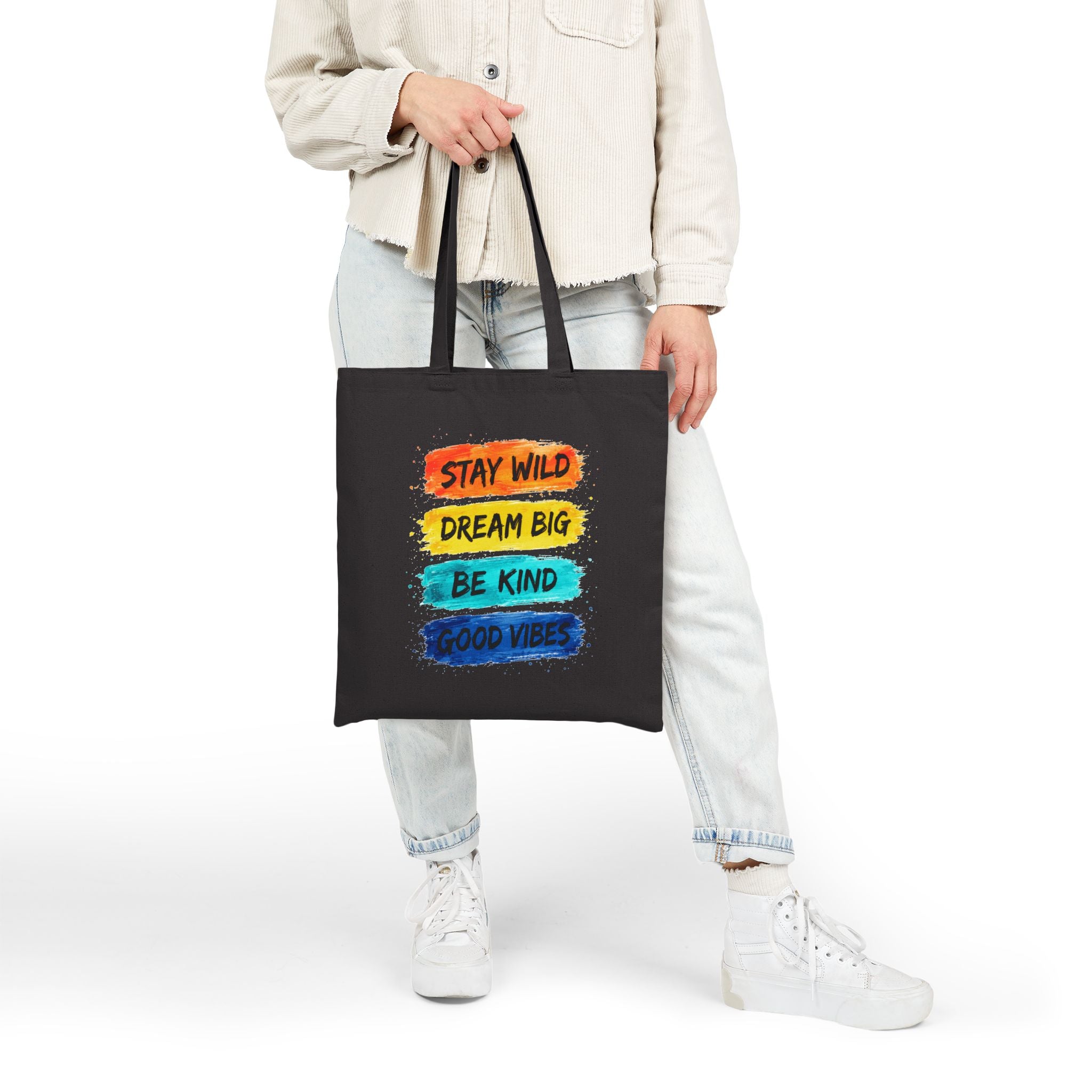 Canvas Tote Bag – ‘Stay Wild, Dream Big, Be Kind, Good Vibes’ Inspirational Quote