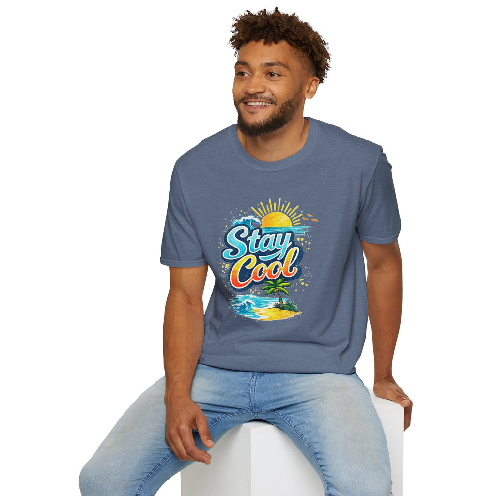 Stay Cool Beach T-Shirt — Vintage Sunset Palm Island Graphic