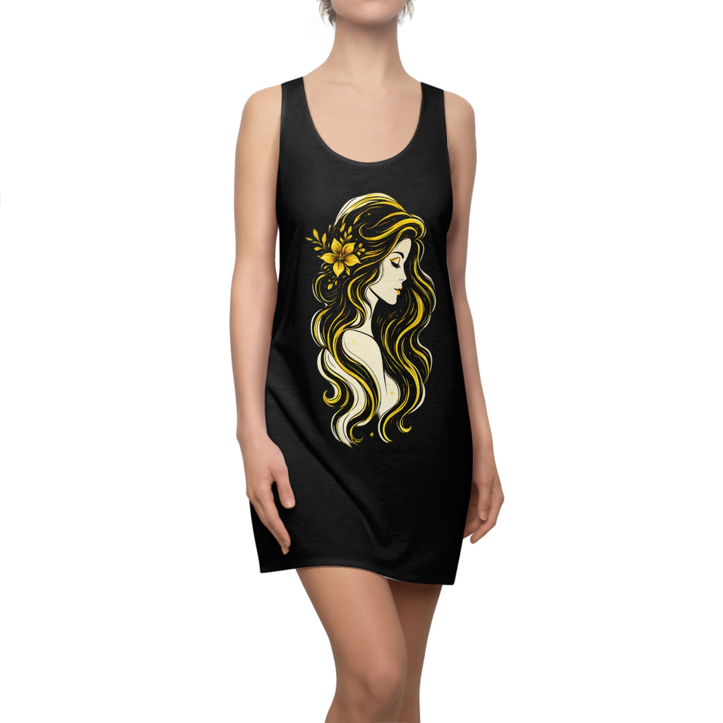 Boho Woman Tank Dress, Black Summer Dress, Graphic Racerback Dress, Minimalist Girl Illustration, Casual Beach Dress, Gift for Her